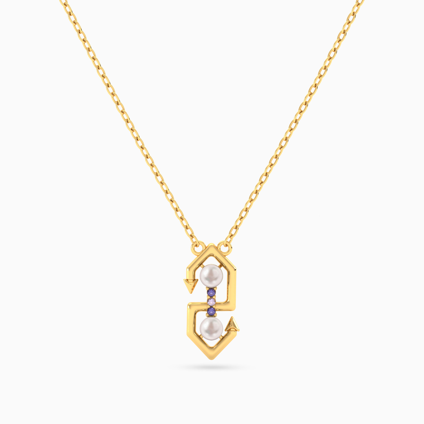 Geometric Arrow Colored Stones & Pearl Necklace In 18K Gold Geometric Arrow Colored Stones & Pearl Necklace In 18K Gold