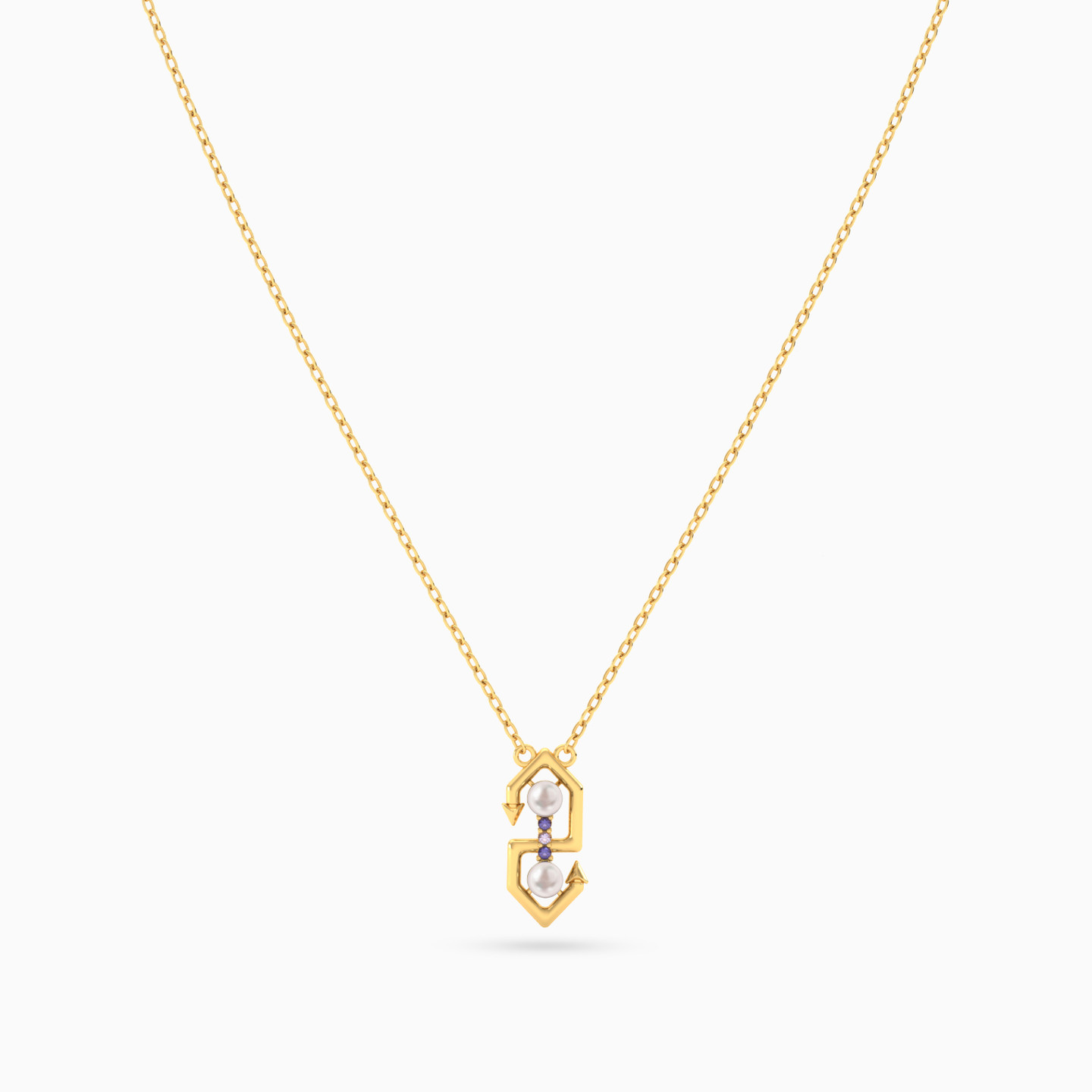 Geometric Arrow Colored Stones & Pearl Necklace In 18K Gold - 3 Geometric Arrow Colored Stones & Pearl Necklace In 18K Gold - 3