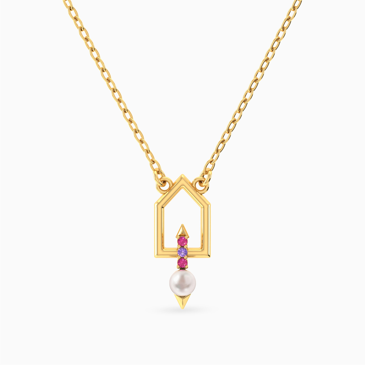 سلسلة شكل منزل ذهب عيار 18 قيراط مزينة بأحجار ملونة ولؤلؤ