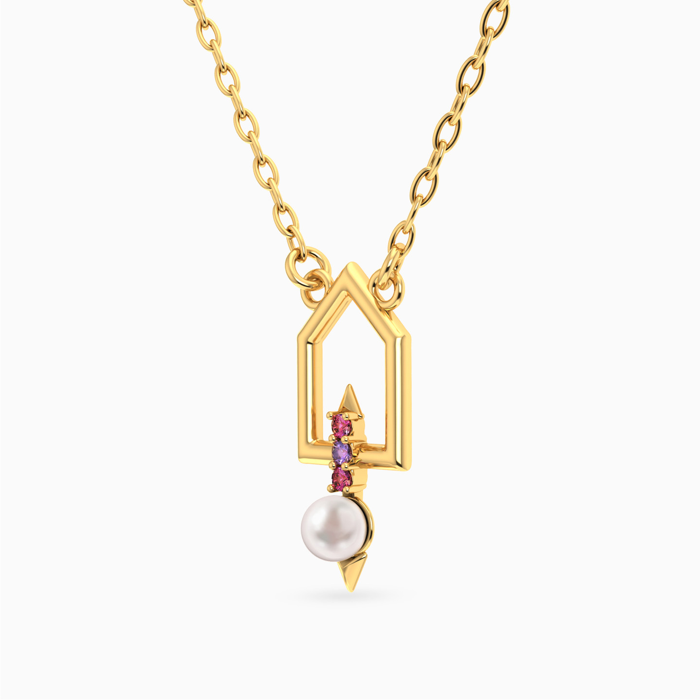 سلسلة شكل منزل ذهب عيار 18 قيراط مزينة بأحجار ملونة ولؤلؤ - 2 سلسلة شكل منزل ذهب عيار 18 قيراط مزينة بأحجار ملونة ولؤلؤ - 2