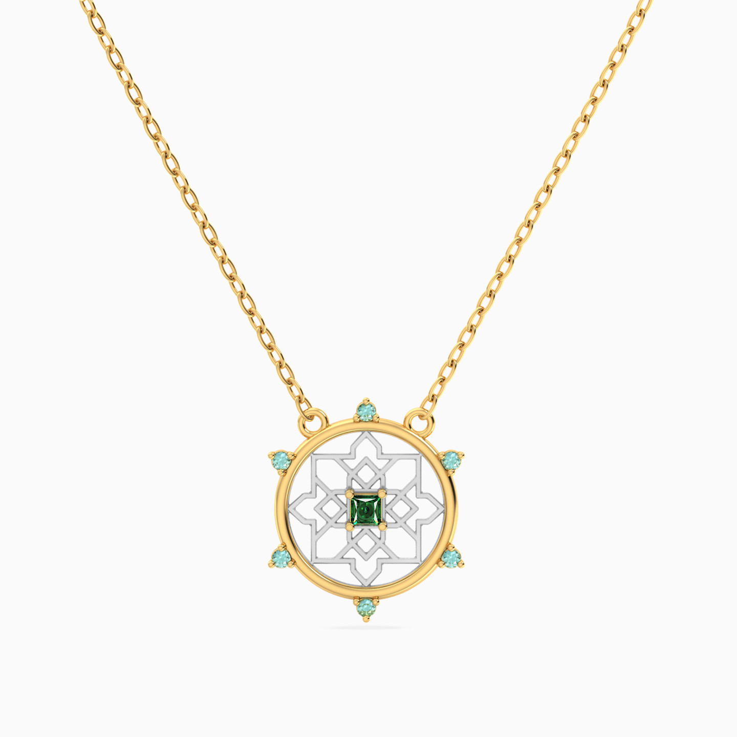 Circled Star Arabesque Colored Stones Necklace in 14K Gold Circled Star Arabesque Colored Stones Necklace in 14K Gold