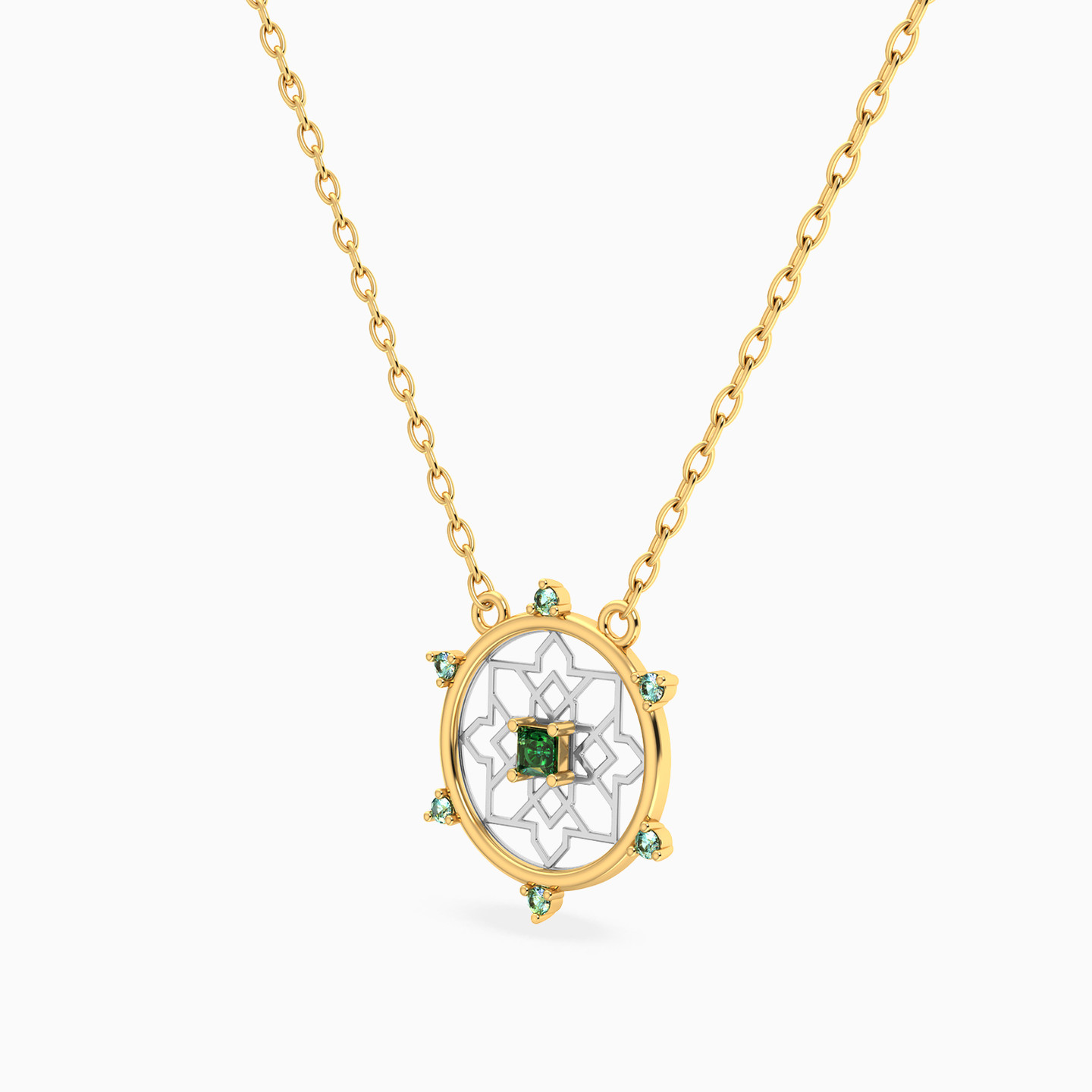 Circled Star Arabesque Colored Stones Necklace in 14K Gold - 2 Circled Star Arabesque Colored Stones Necklace in 14K Gold - 2