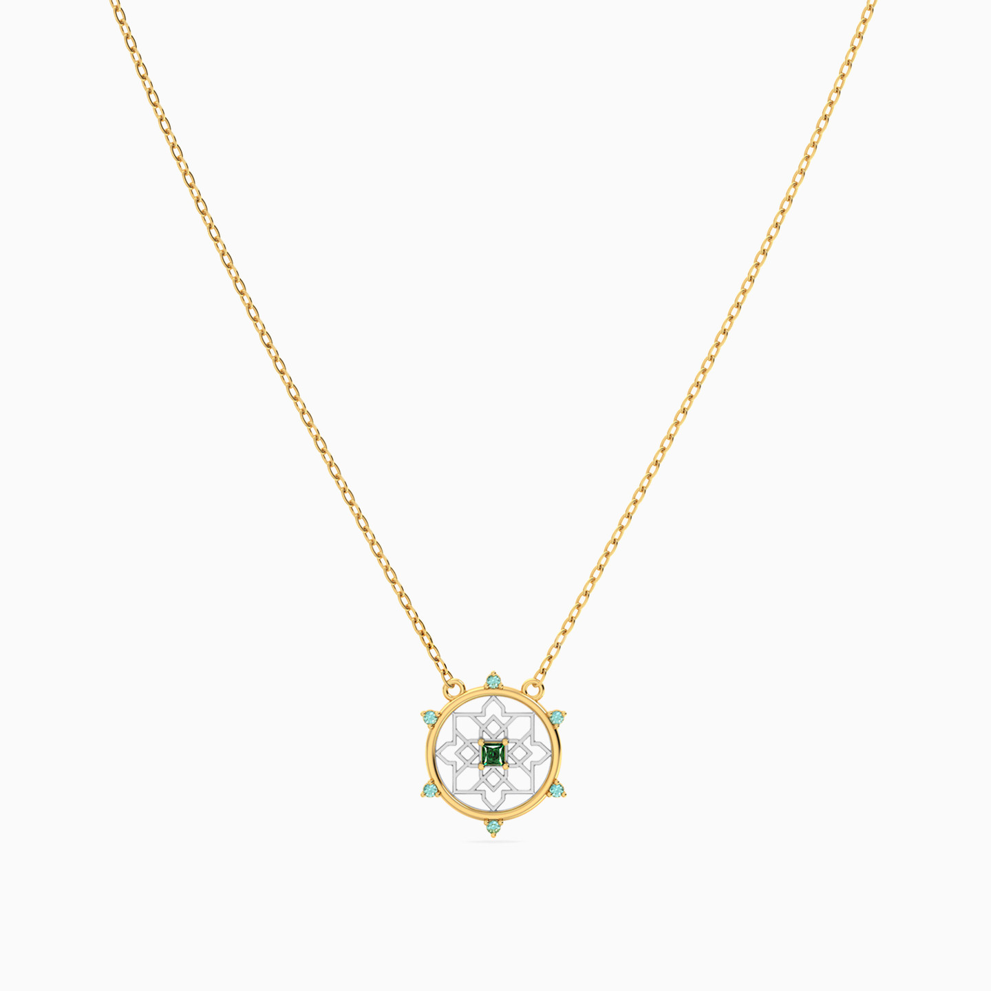 Circled Star Arabesque Colored Stones Necklace in 14K Gold - 3 Circled Star Arabesque Colored Stones Necklace in 14K Gold - 3