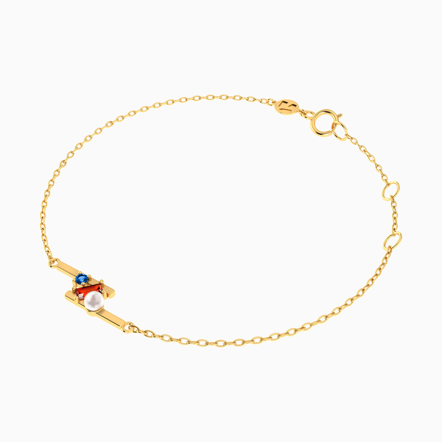 Parallel Bars Colored Stone & Pearl Chain Bracelet in 14K Gold - 3 Parallel Bars Colored Stone & Pearl Chain Bracelet in 14K Gold - 3