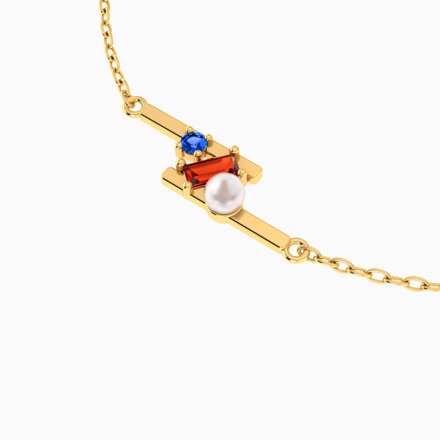 Parallel Bars Colored Stone & Pearl Chain Bracelet in 14K Gold - 4 Parallel Bars Colored Stone & Pearl Chain Bracelet in 14K Gold - 4