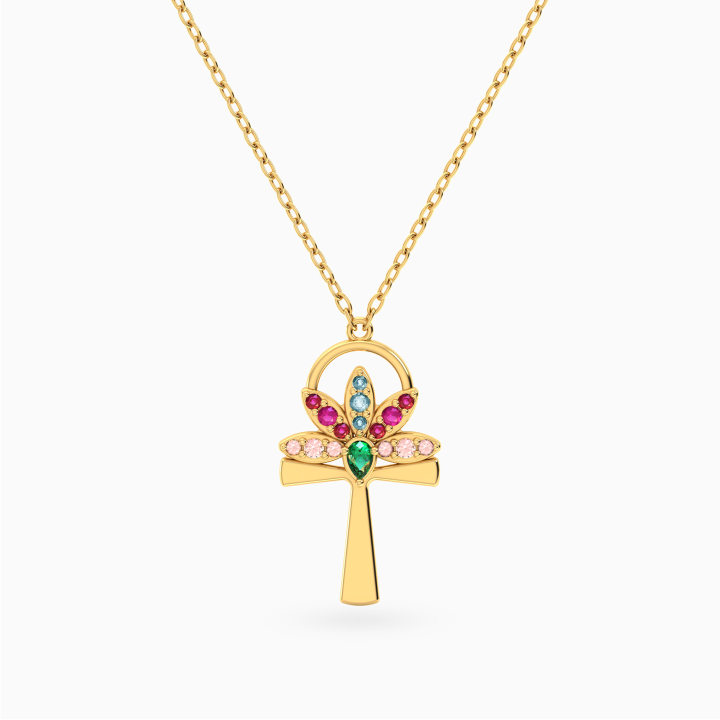 Ankh & Lotus Flower Colored Stones Necklace in 14K Gold Ankh & Lotus Flower Colored Stones Necklace in 14K Gold