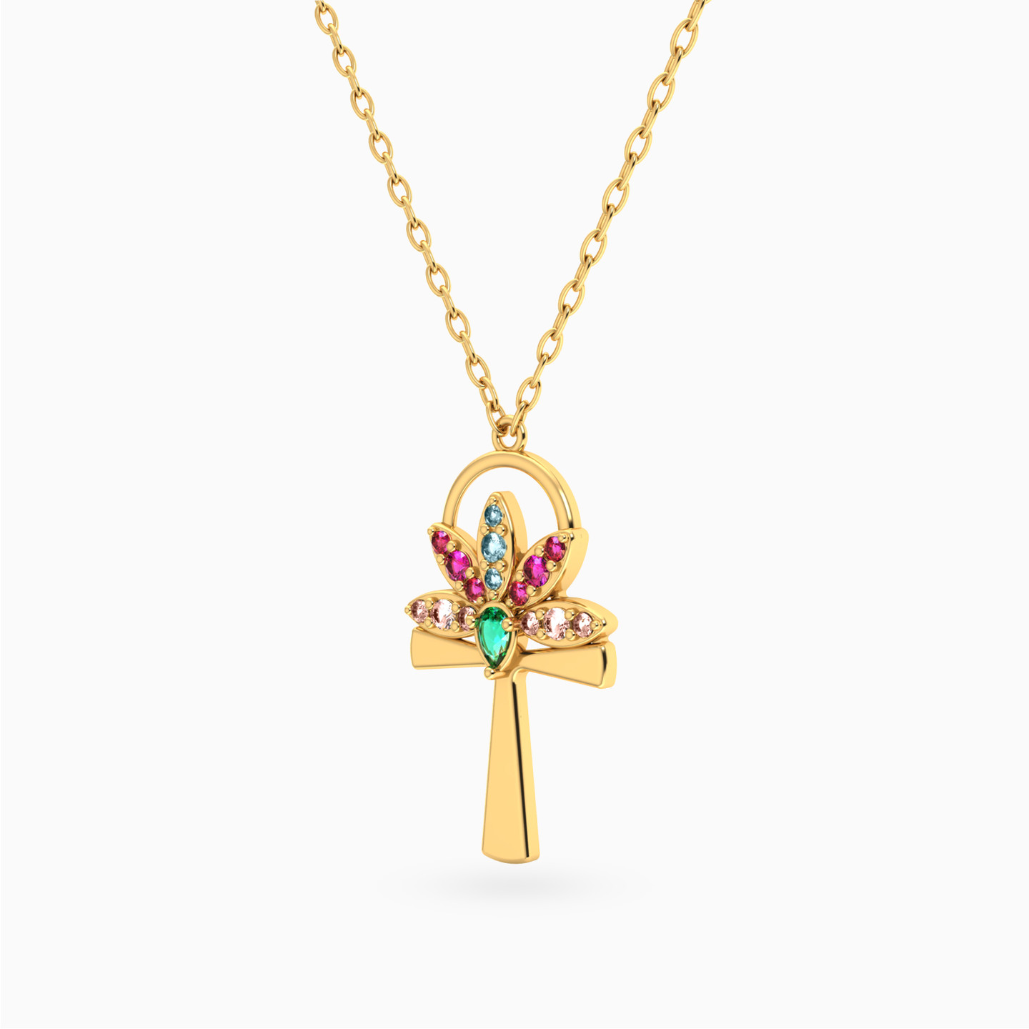 Ankh & Lotus Flower Colored Stones Necklace in 14K Gold - 2 Ankh & Lotus Flower Colored Stones Necklace in 14K Gold - 2