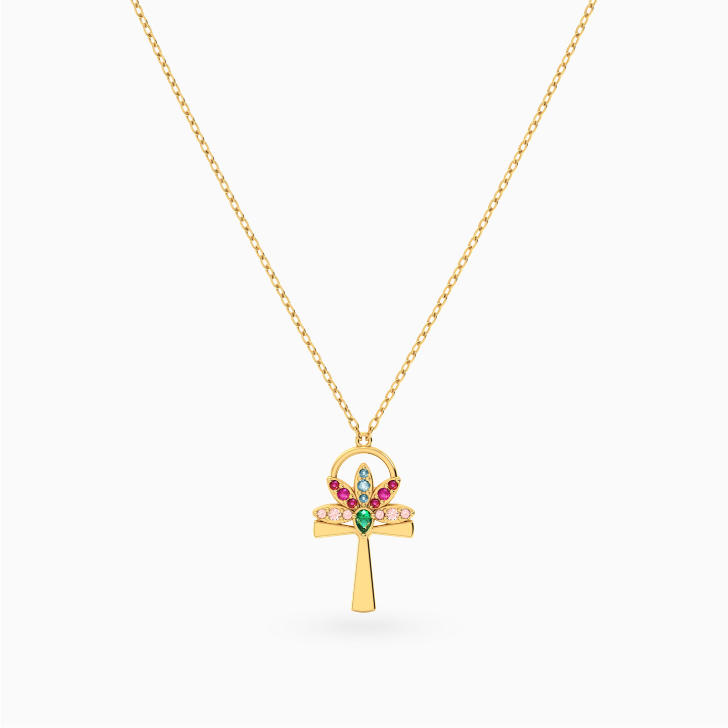 Ankh & Lotus Flower Colored Stones Necklace in 14K Gold - 3 Ankh & Lotus Flower Colored Stones Necklace in 14K Gold - 3