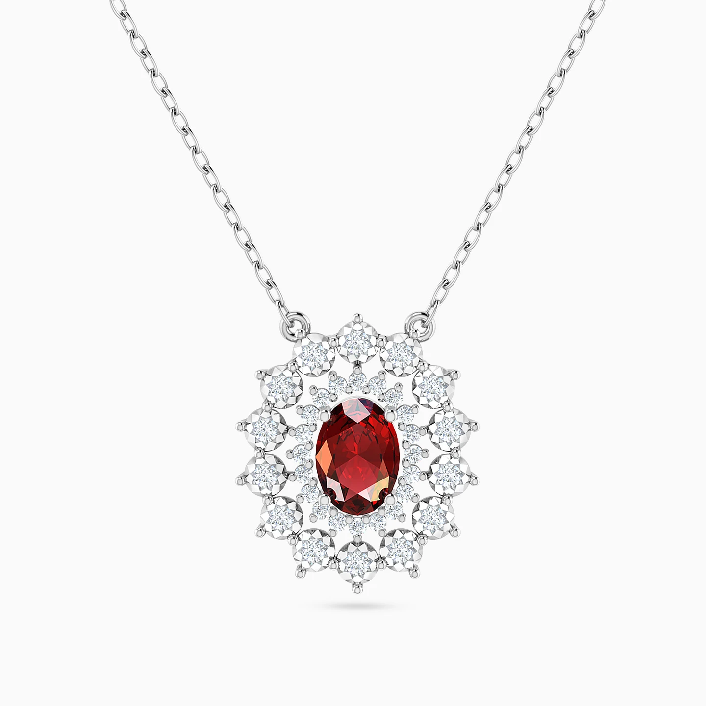 Oval Halo Red Stone & Diamond Necklace in 18K Gold Oval Halo Red Stone & Diamond Necklace in 18K Gold