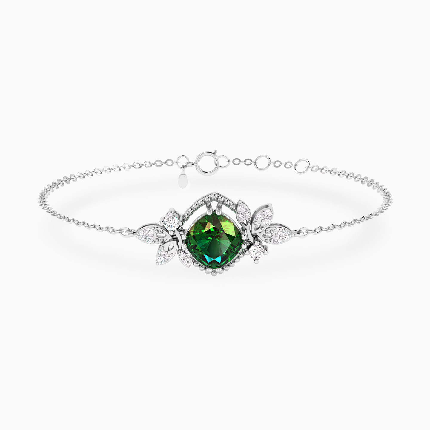 Leaves & Square Green Stone & Diamond Chain Bracelet in 18K Gold Leaves & Square Green Stone & Diamond Chain Bracelet in 18K Gold