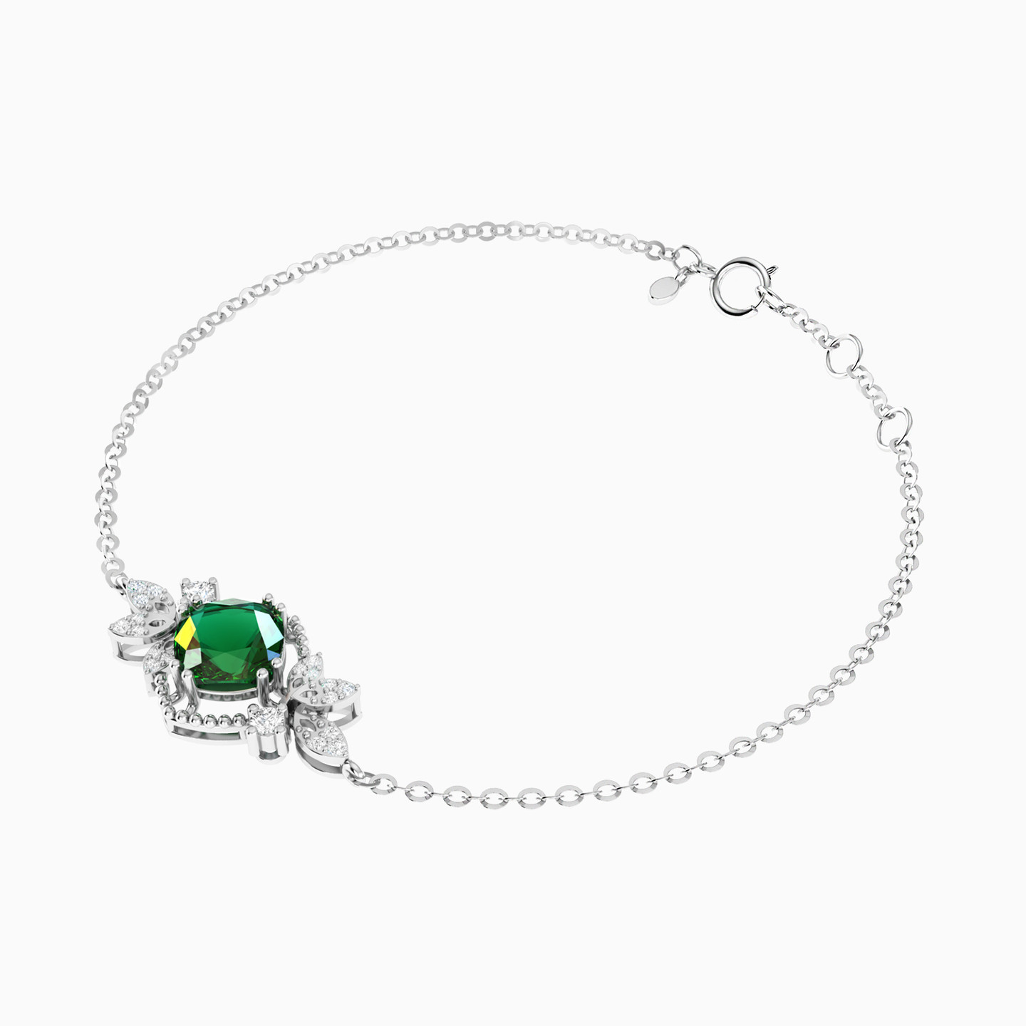 Leaves & Square Green Stone & Diamond Chain Bracelet in 18K Gold - 3 Leaves & Square Green Stone & Diamond Chain Bracelet in 18K Gold - 3