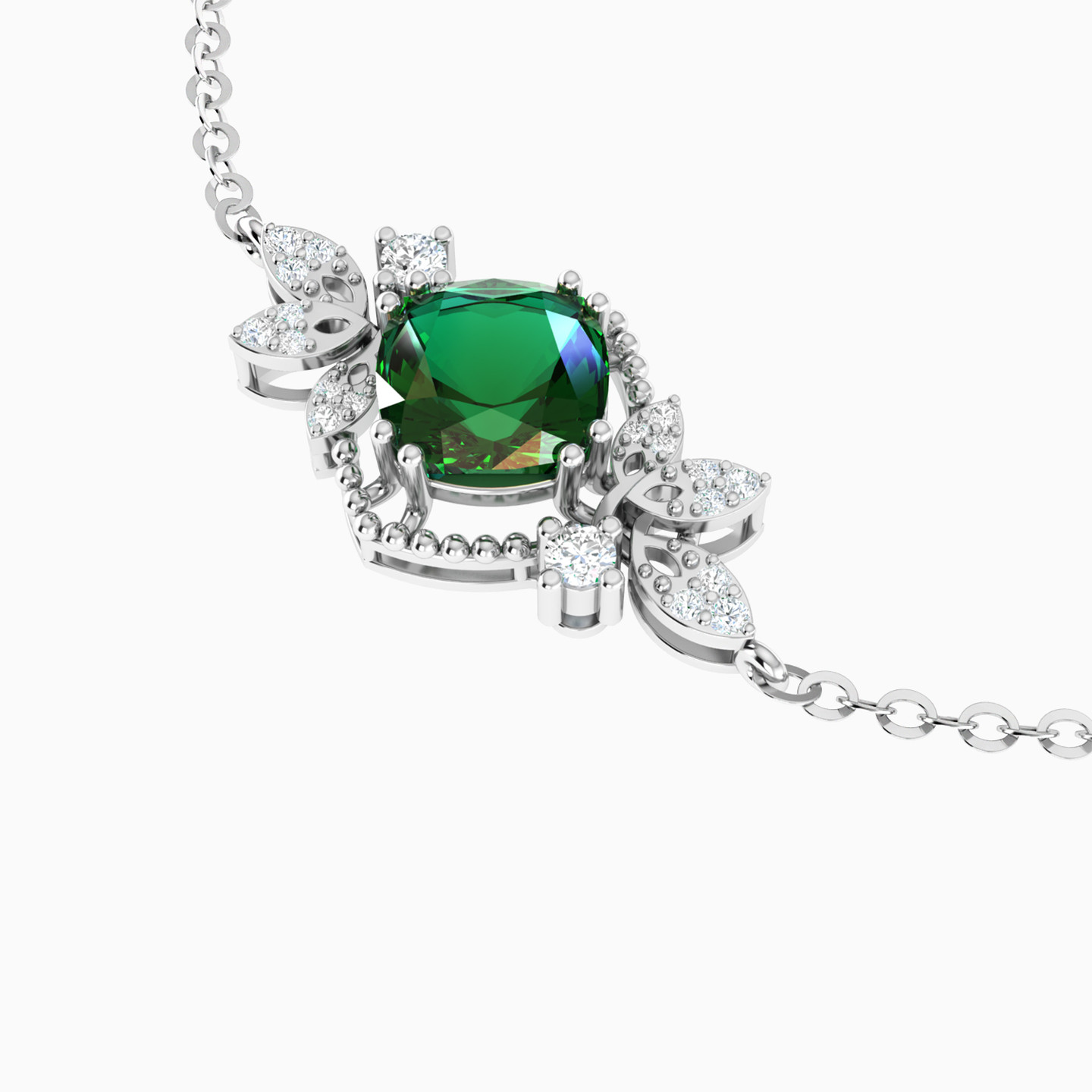 Leaves & Square Green Stone & Diamond Chain Bracelet in 18K Gold - 4 Leaves & Square Green Stone & Diamond Chain Bracelet in 18K Gold - 4