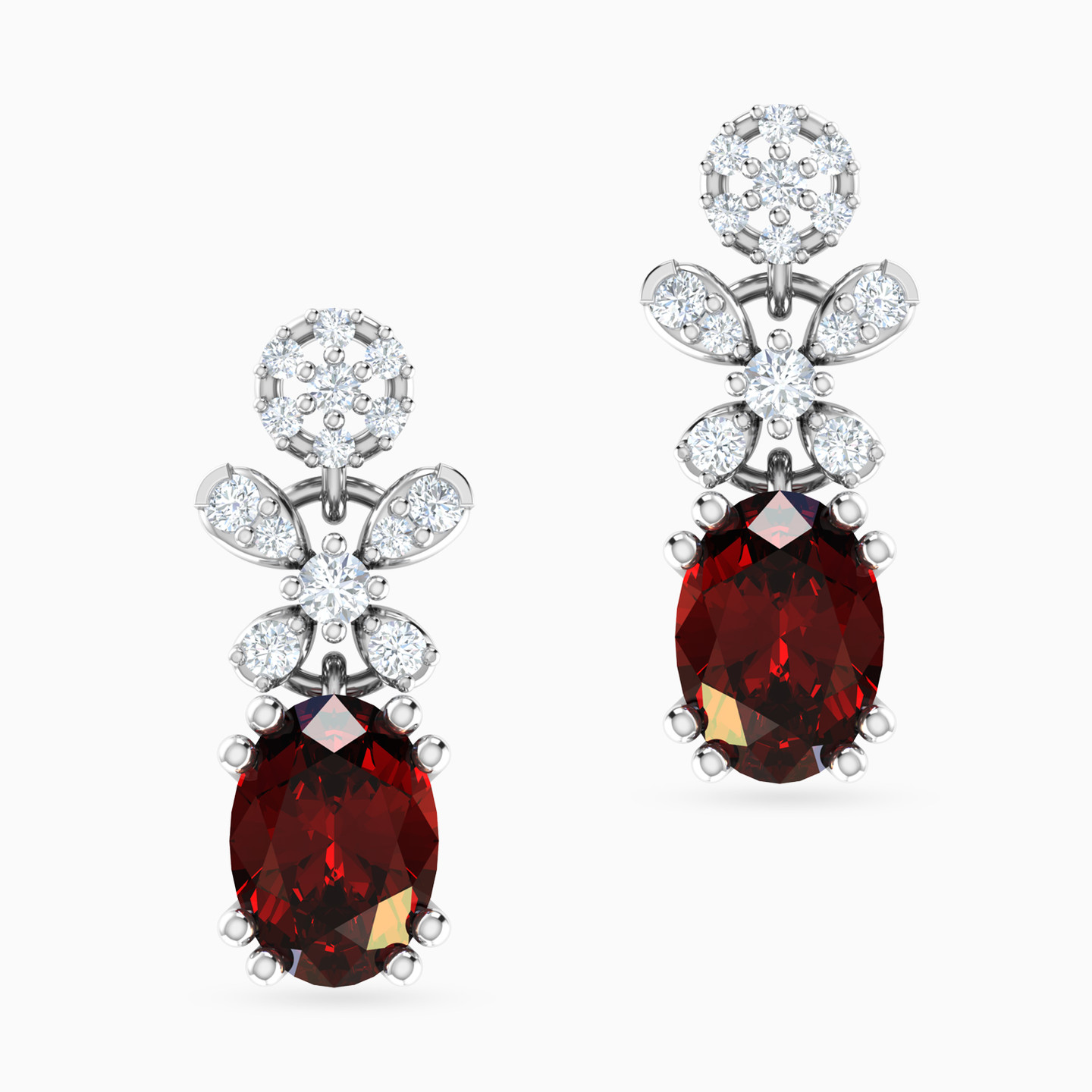 Petals Red Stone & Diamond Drop Earrings in 18K Gold - 3 Petals Red Stone & Diamond Drop Earrings in 18K Gold - 3