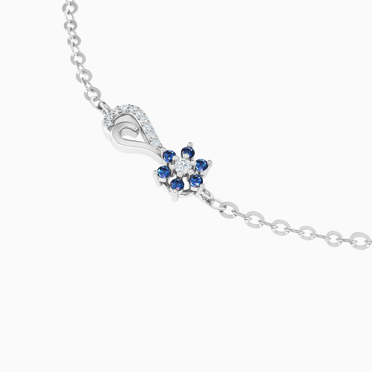 Heart & Flower Blue Stones & Diamond Chain Bracelet in 18K Gold - 4 Heart & Flower Blue Stones & Diamond Chain Bracelet in 18K Gold - 4