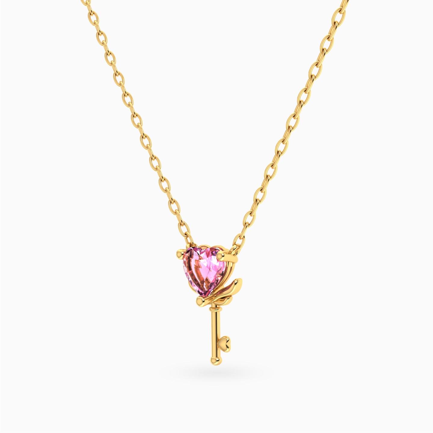 Heart Key Pink Stone Necklace in 14K Gold - 2 Heart Key Pink Stone Necklace in 14K Gold - 2