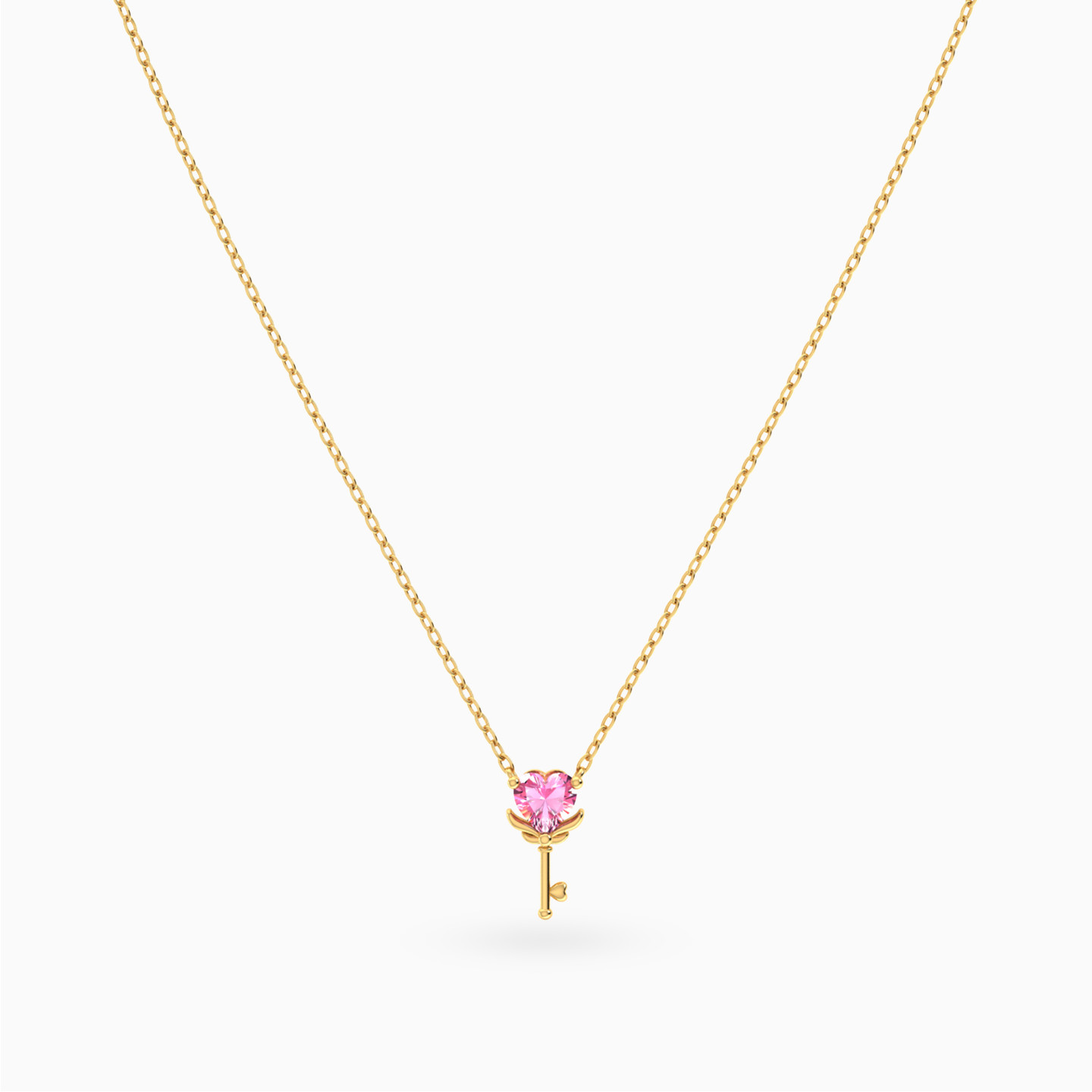 Heart Key Pink Stone Necklace in 14K Gold - 3 Heart Key Pink Stone Necklace in 14K Gold - 3