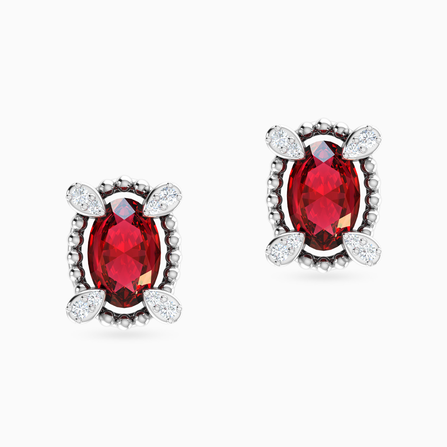 Oval Diamonds & Colored Stones Stud Earrings in 18K Gold - 3 Oval Diamonds & Colored Stones Stud Earrings in 18K Gold - 3