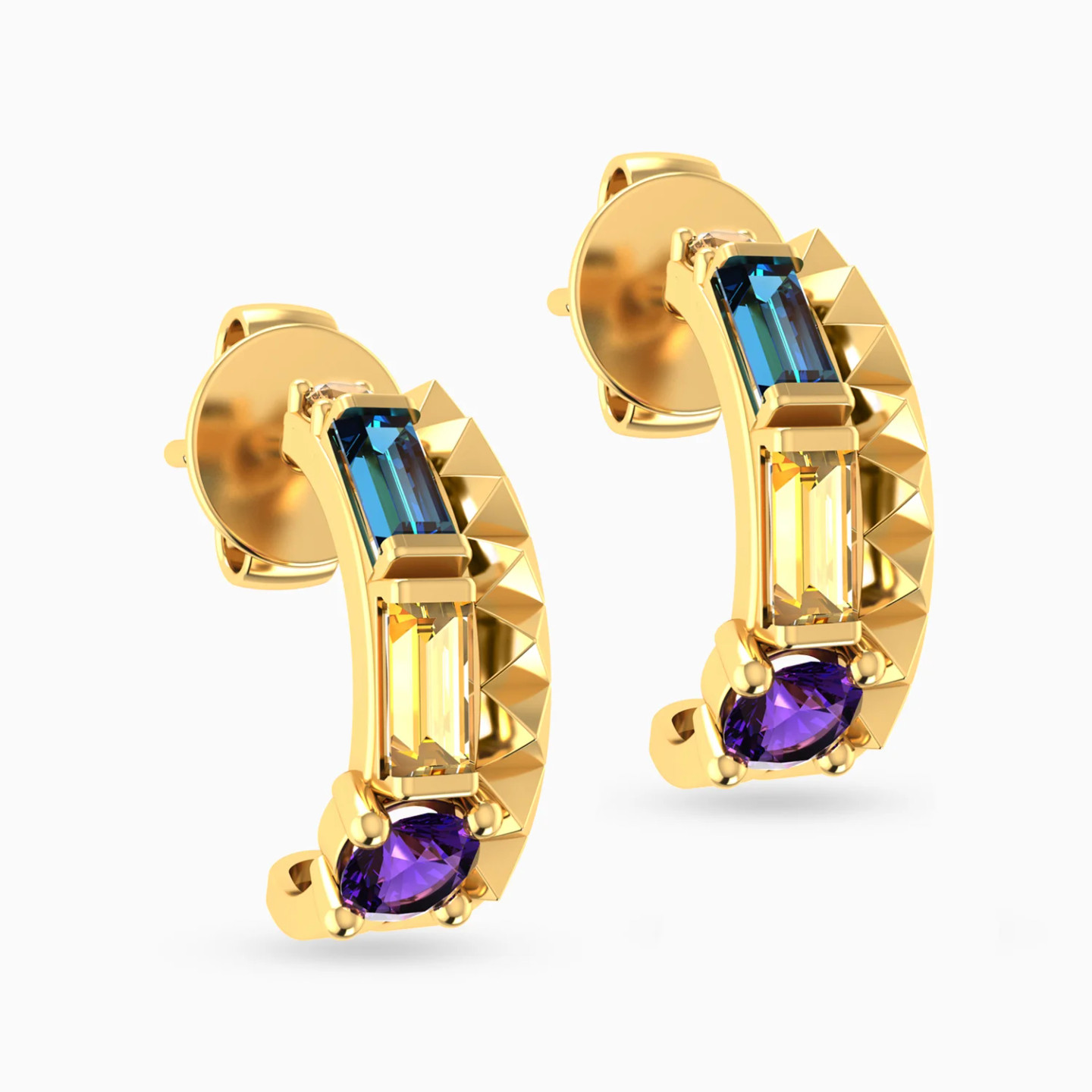 Open Curve Colored Stones Hoop Earrings in 14k Gold - 3 Open Curve Colored Stones Hoop Earrings in 14k Gold - 3