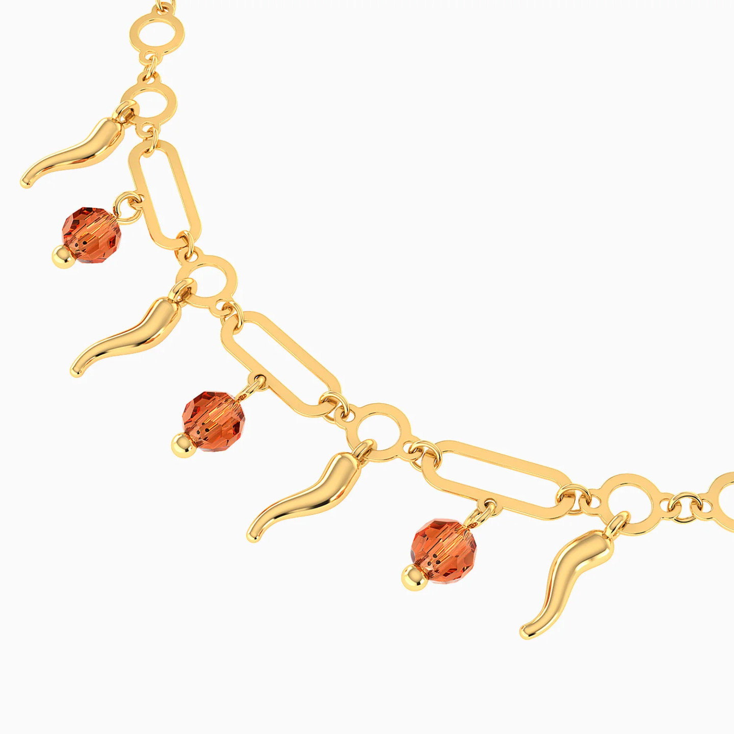 Chili & Elongated Links Orange Stones Chain Bracelet in 14K Gold - 4 Chili & Elongated Links Orange Stones Chain Bracelet in 14K Gold - 4