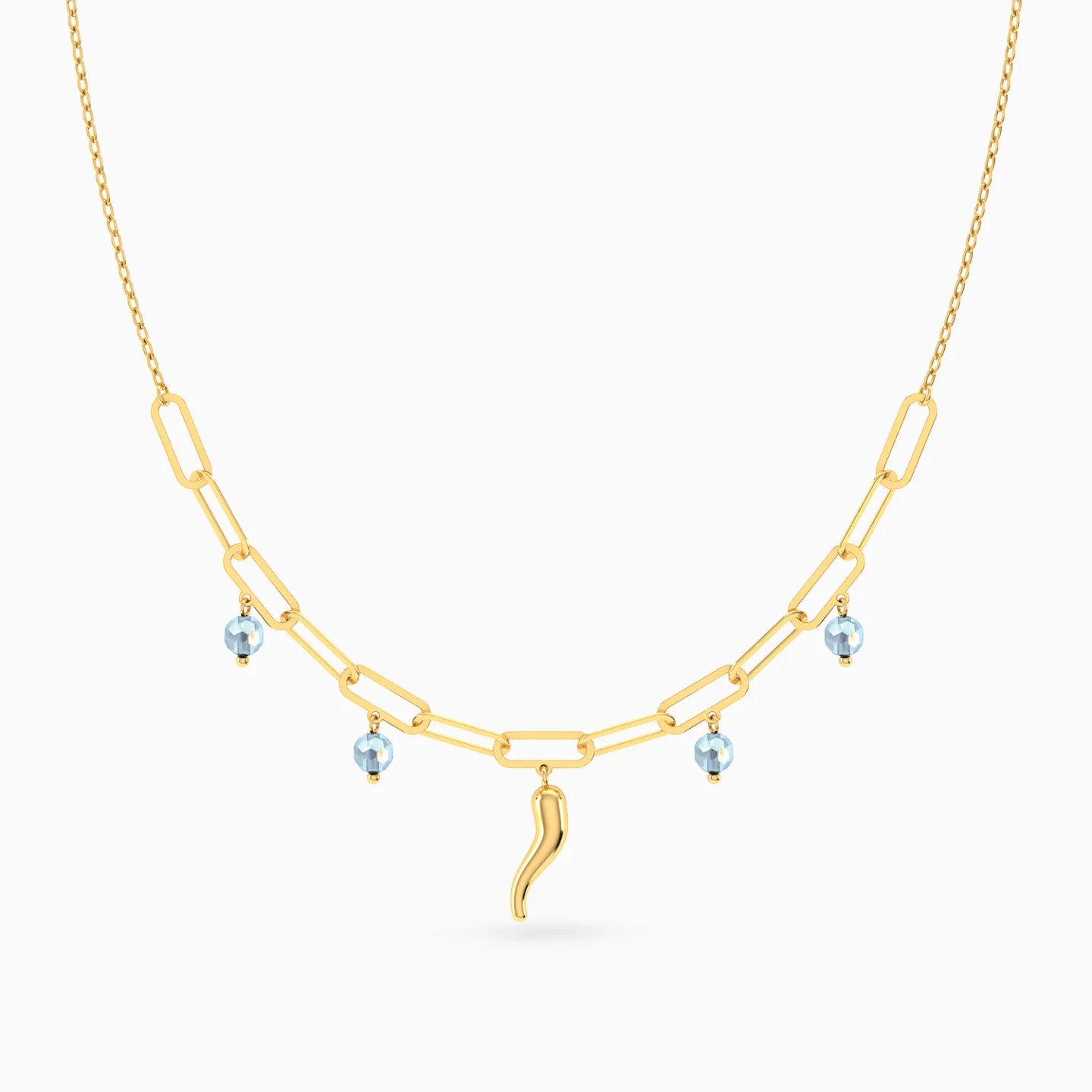 سلسلة شكل حلقات ممتدة وفلفل حار ذهب عيار 14 قيراط مزينة بأحجار زرقاء سلسلة شكل حلقات ممتدة وفلفل حار ذهب عيار 14 قيراط مزينة بأحجار زرقاء