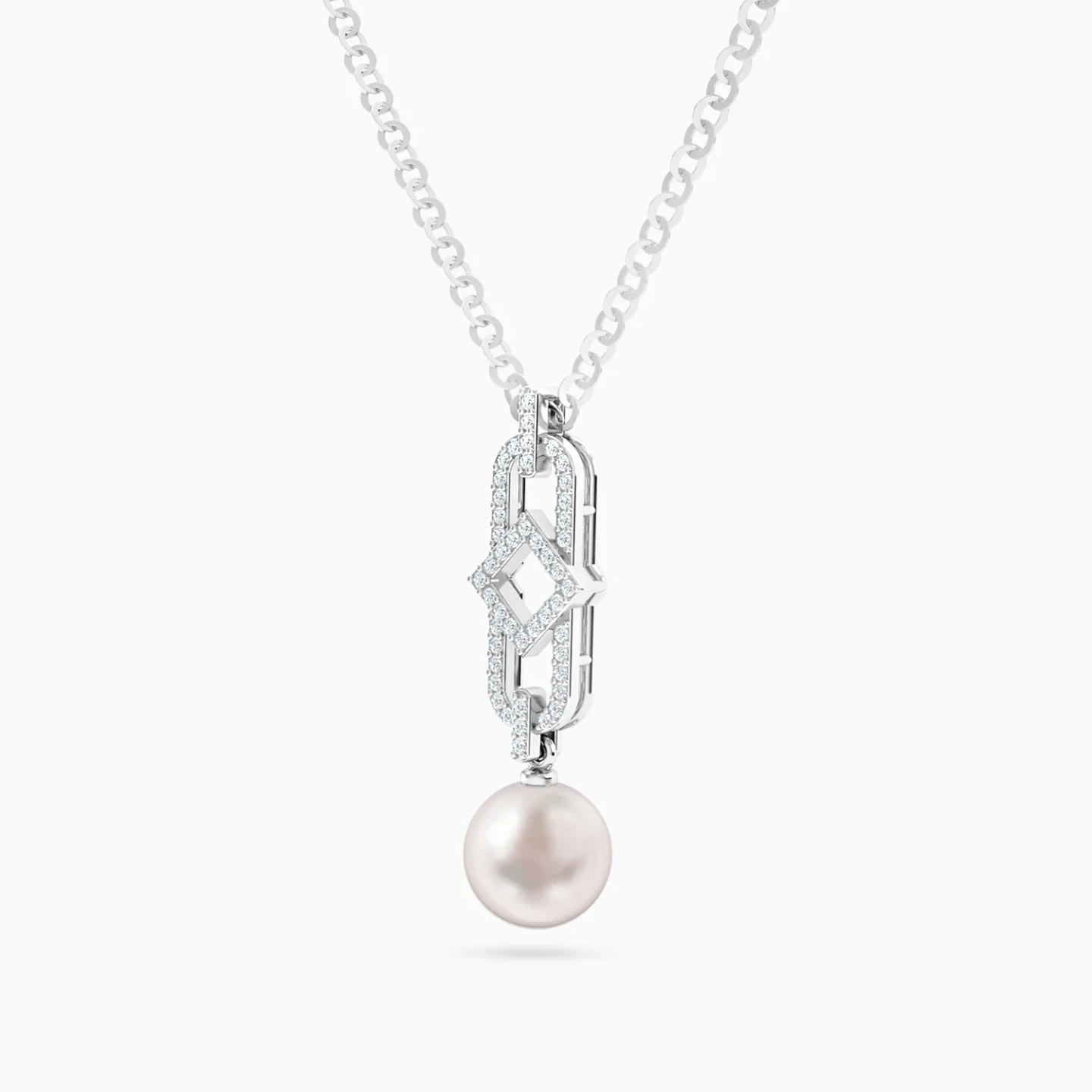 Geometric Link Pearl & Diamond Necklace in 18K Gold - 2 Geometric Link Pearl & Diamond Necklace in 18K Gold - 2