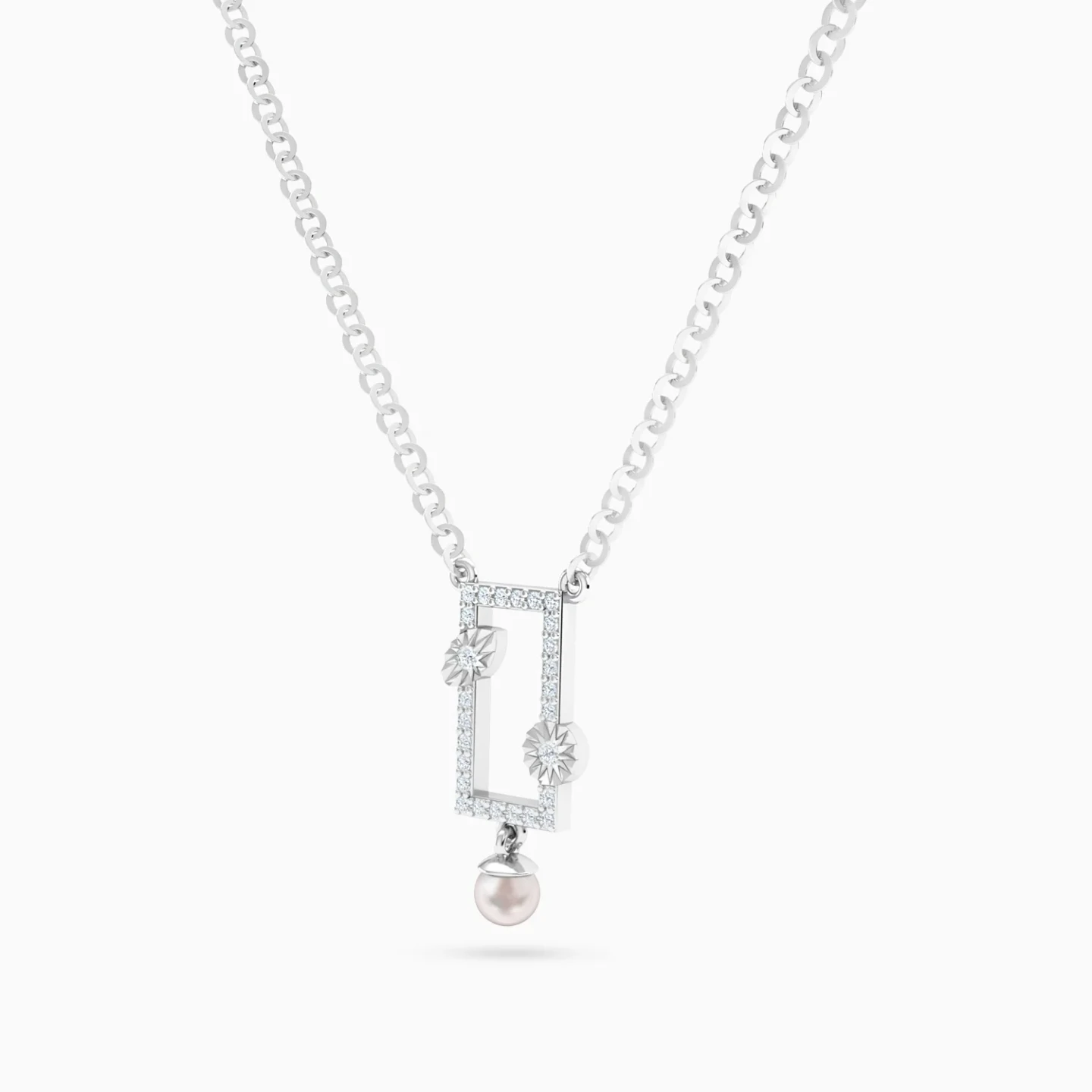 Rectangular Frame Pearl & Diamond Necklace in 14K Gold - 2 Rectangular Frame Pearl & Diamond Necklace in 14K Gold - 2