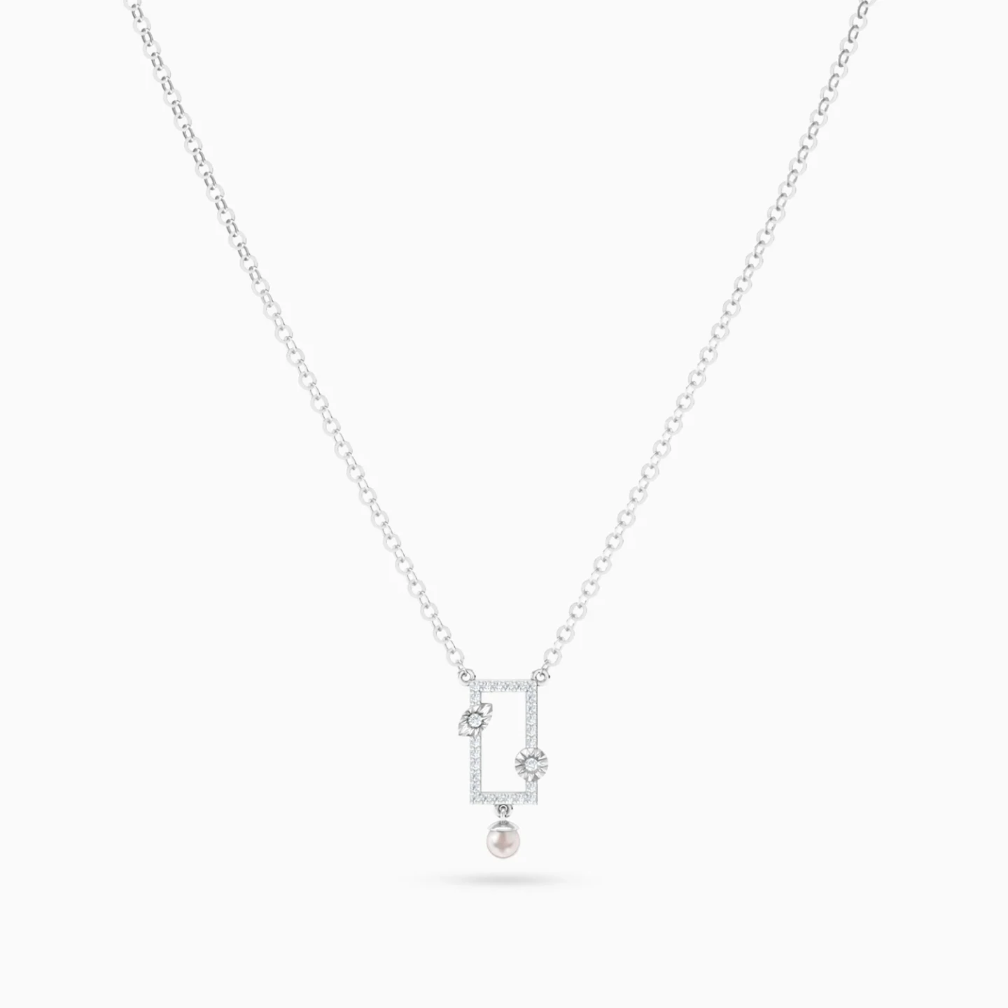 Rectangular Frame Pearl & Diamond Necklace in 14K Gold - 3 Rectangular Frame Pearl & Diamond Necklace in 14K Gold - 3