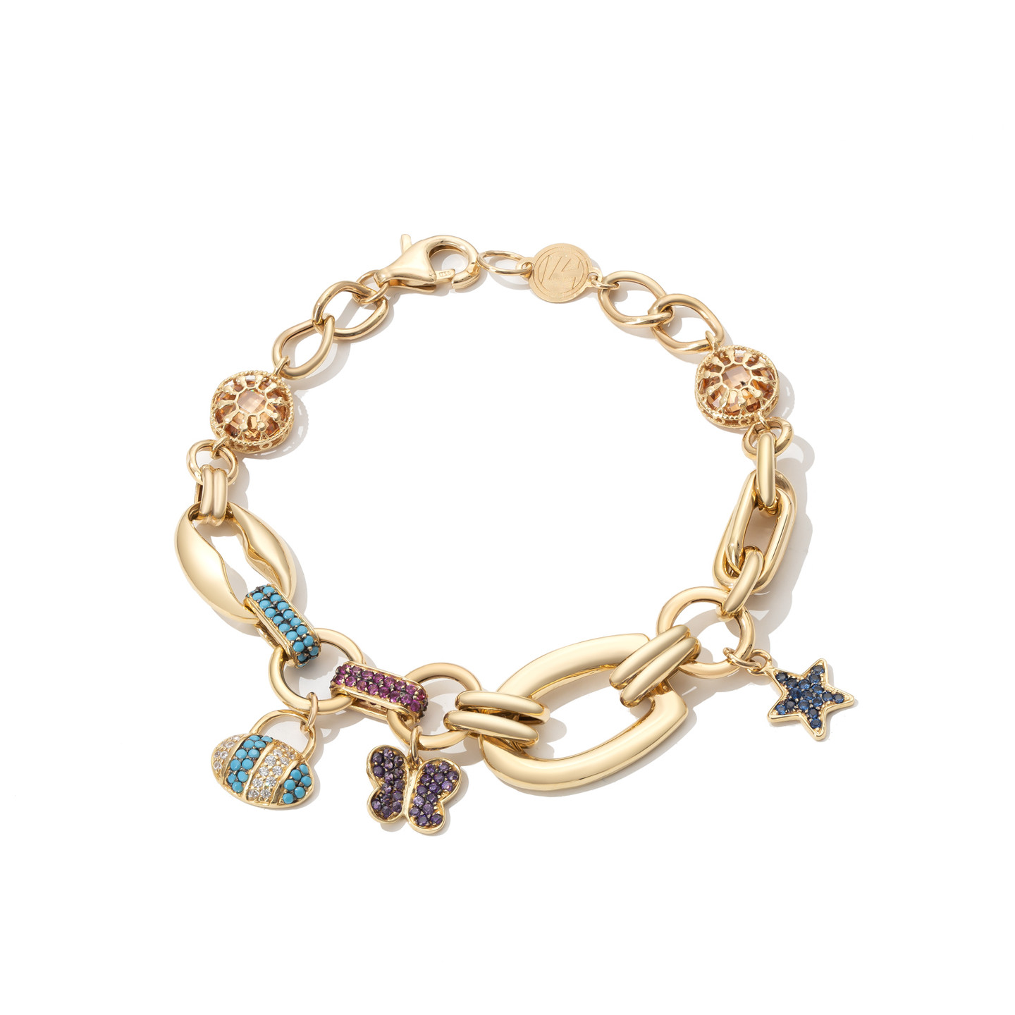 Round Colored Stones Chain Bracelet in 18K Gold