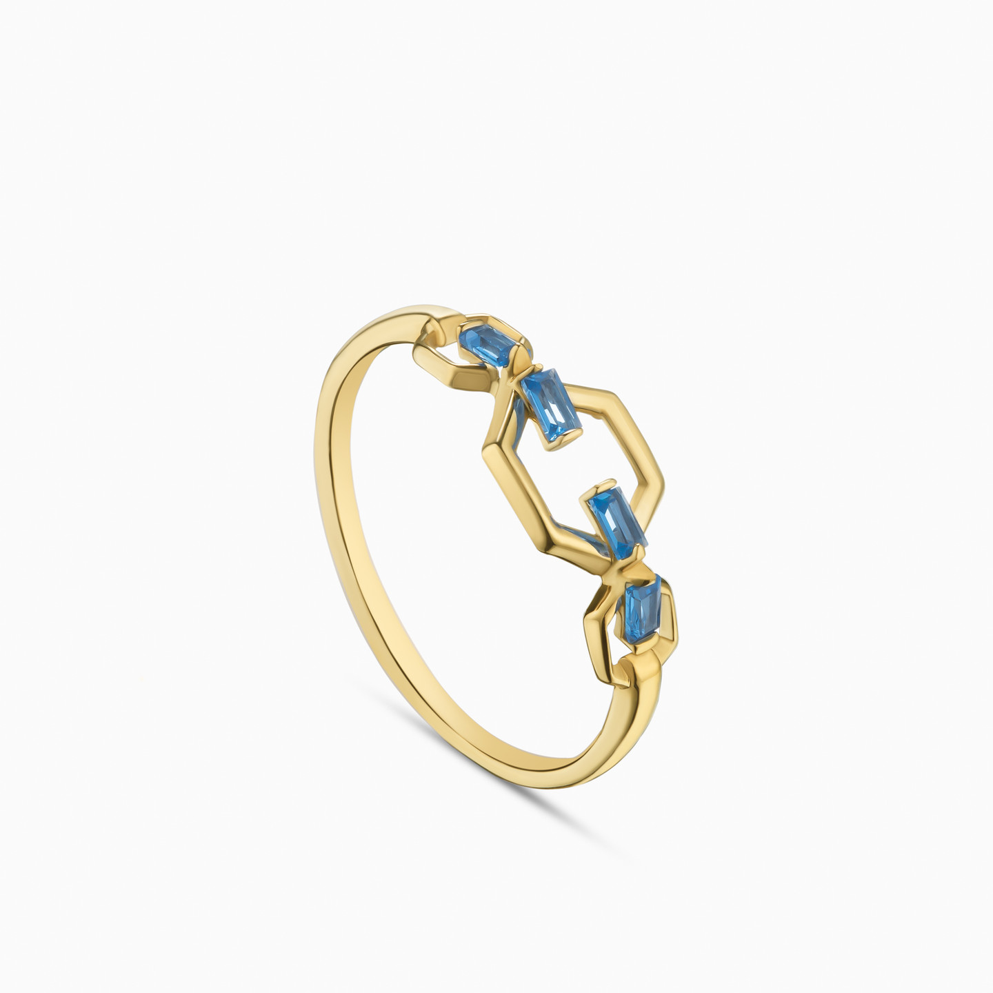 Hexagon Blue Stones Ring in 14K Gold - 3 Hexagon Blue Stones Ring in 14K Gold - 3