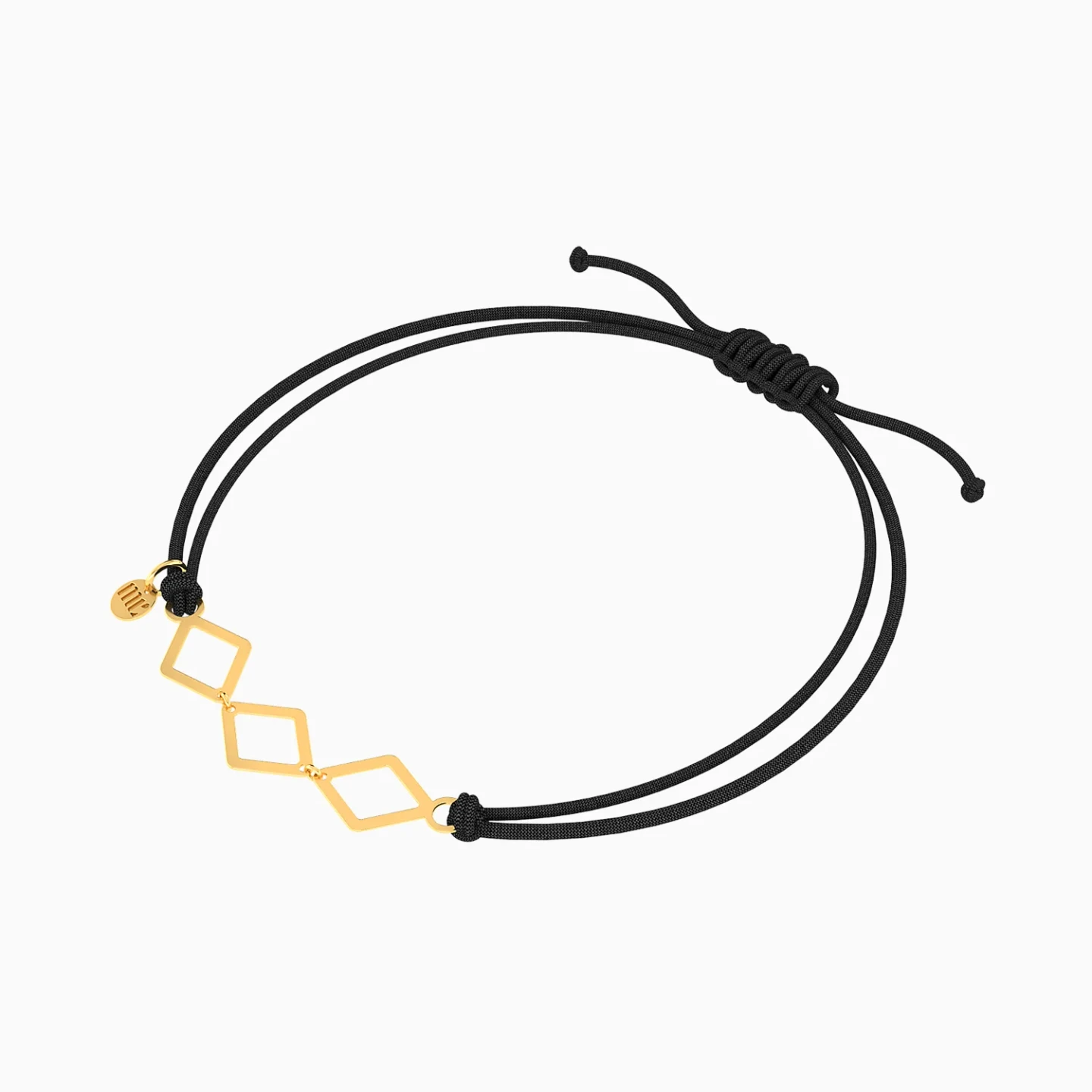 Tilted Square Open Links Black Cord Bracelet in 9K Gold - 3 Tilted Square Open Links Black Cord Bracelet in 9K Gold - 3