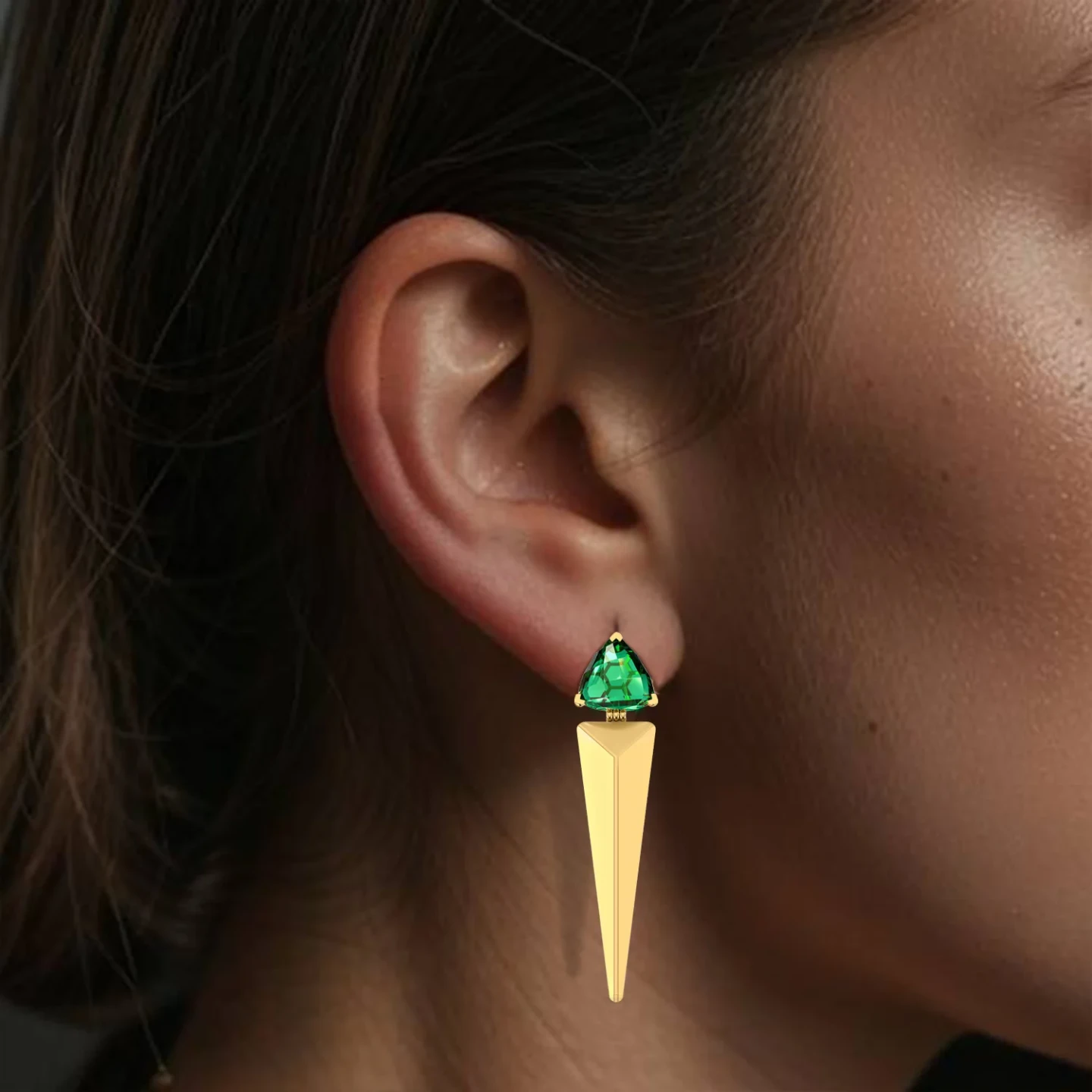 Tapered Spikes Green Stone Earrings in 18K Gold - 2 Tapered Spikes Green Stone Earrings in 18K Gold - 2
