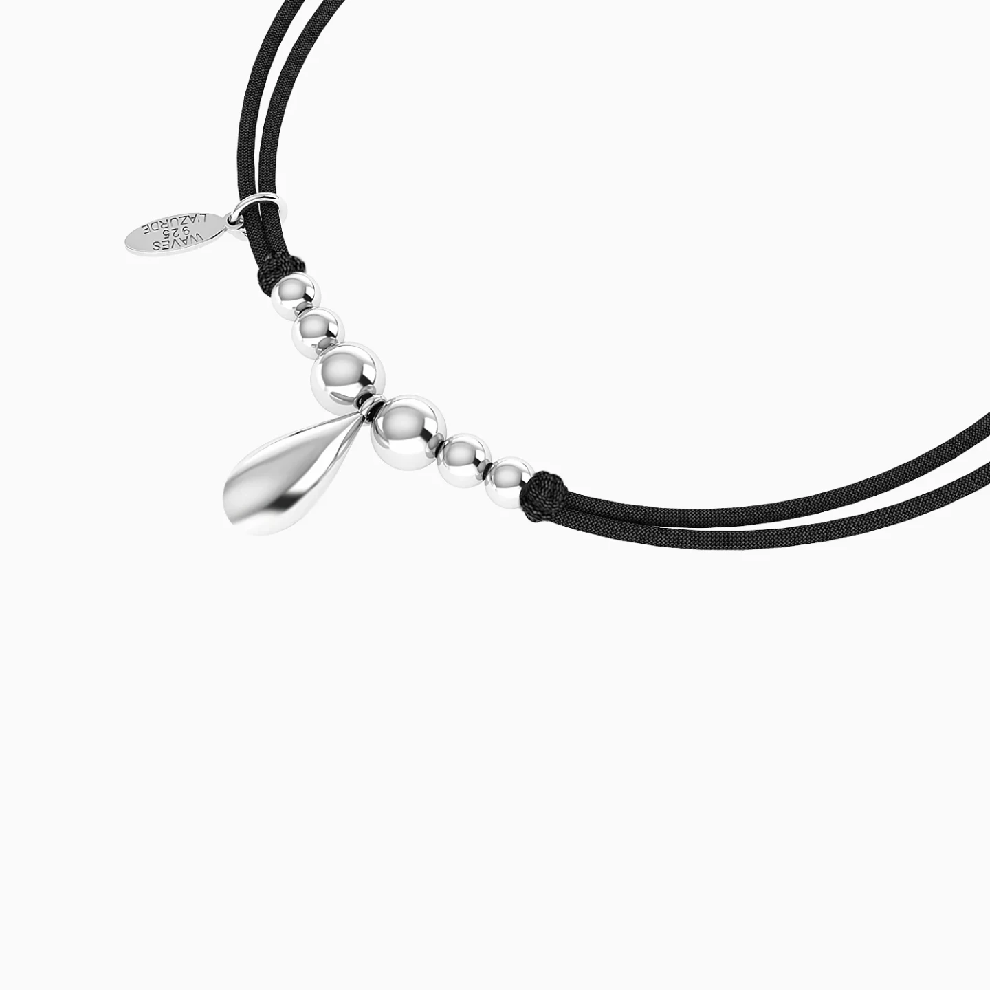 Teardrop & Graduating Spheres Black Cord Bracelet in Silver - 4 Teardrop & Graduating Spheres Black Cord Bracelet in Silver - 4