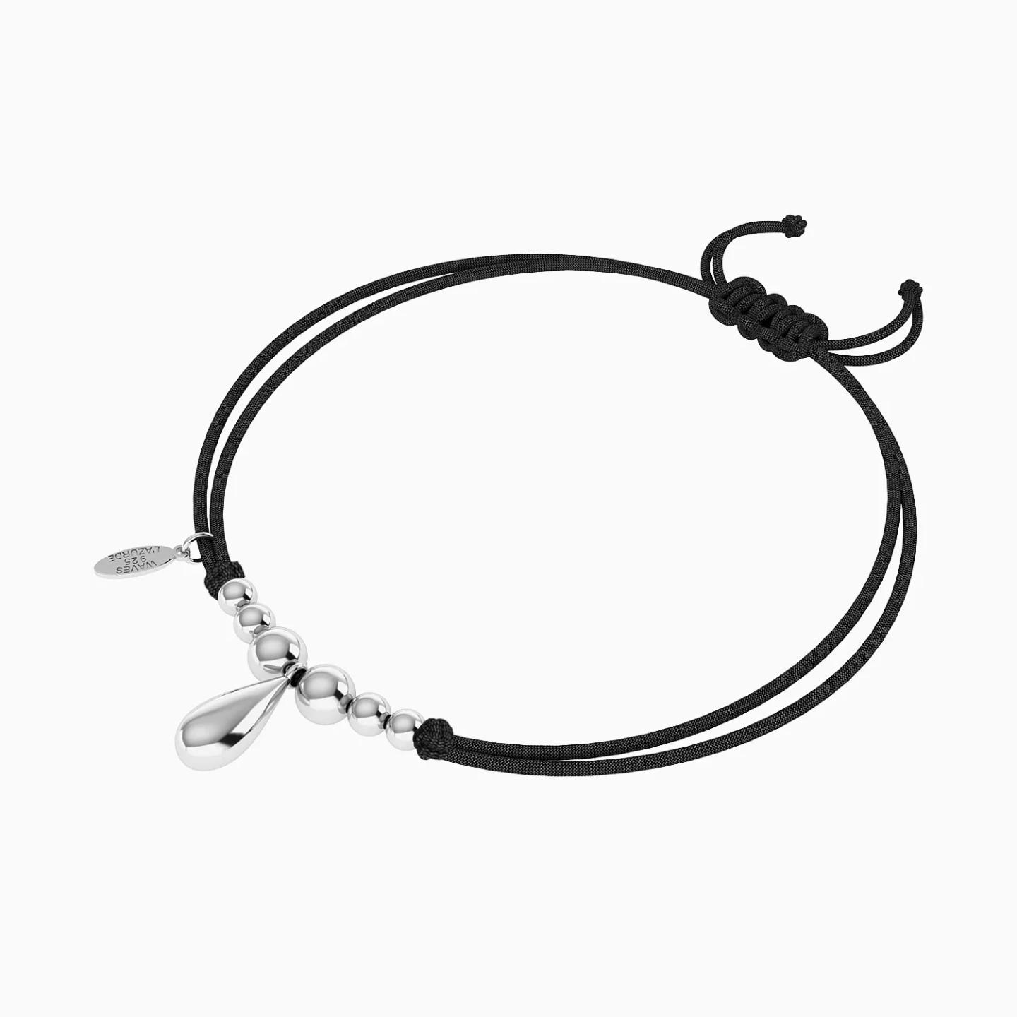 Teardrop & Graduating Spheres Black Cord Bracelet in Silver - 3 Teardrop & Graduating Spheres Black Cord Bracelet in Silver - 3