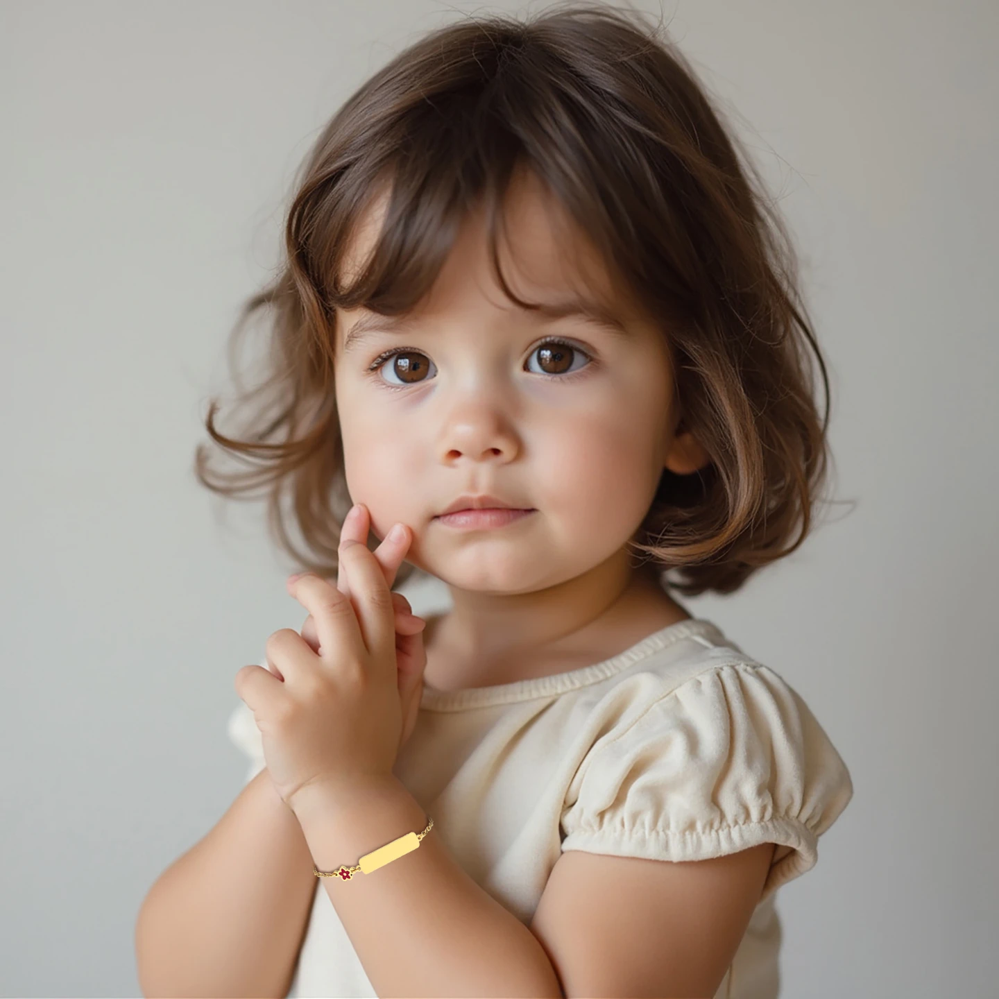 Kids Engravable Bar & Flower Red Enamel Chain Bracelet in 18K Gold - 2 Kids Engravable Bar & Flower Red Enamel Chain Bracelet in 18K Gold - 2