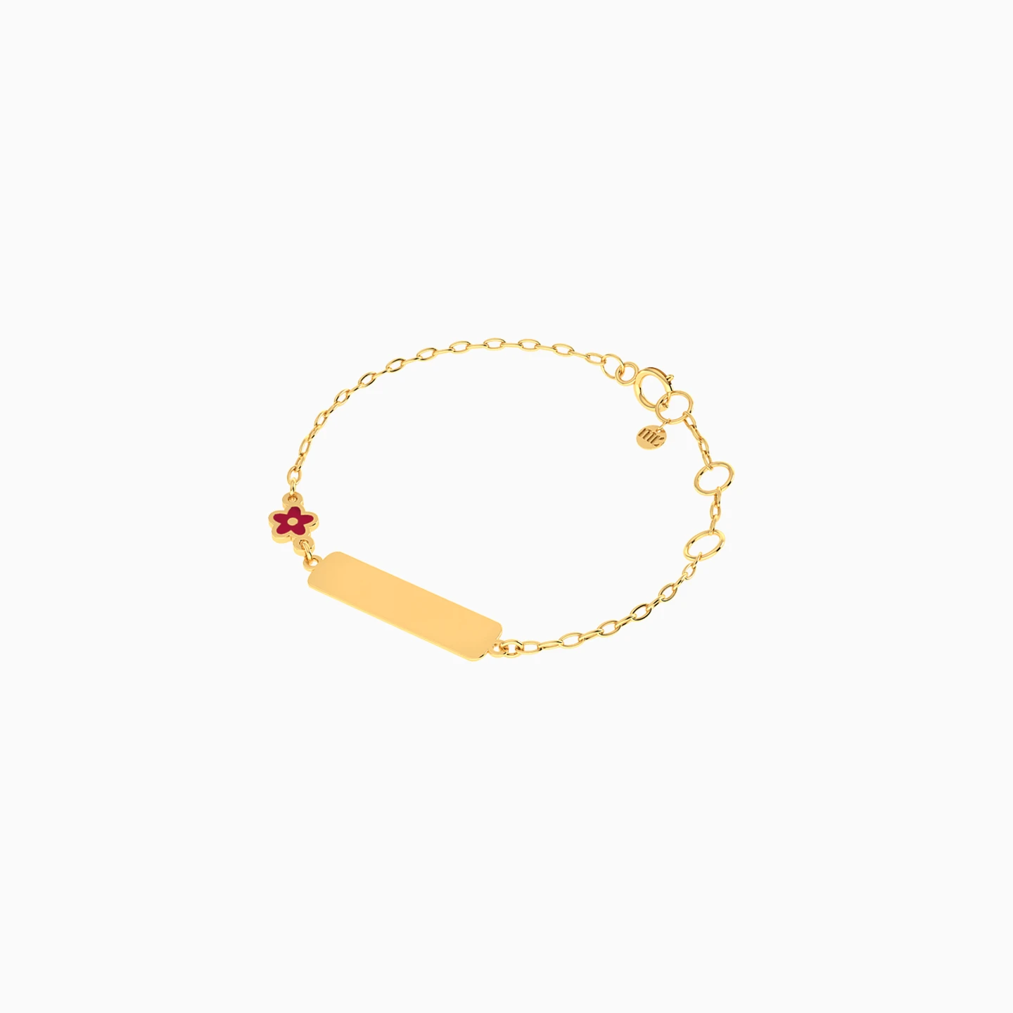 Kids Engravable Bar & Flower Red Enamel Chain Bracelet in 18K Gold - 3 Kids Engravable Bar & Flower Red Enamel Chain Bracelet in 18K Gold - 3