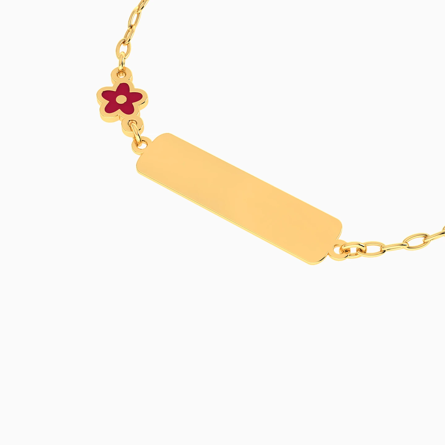 Kids Engravable Bar & Flower Red Enamel Chain Bracelet in 18K Gold - 4 Kids Engravable Bar & Flower Red Enamel Chain Bracelet in 18K Gold - 4