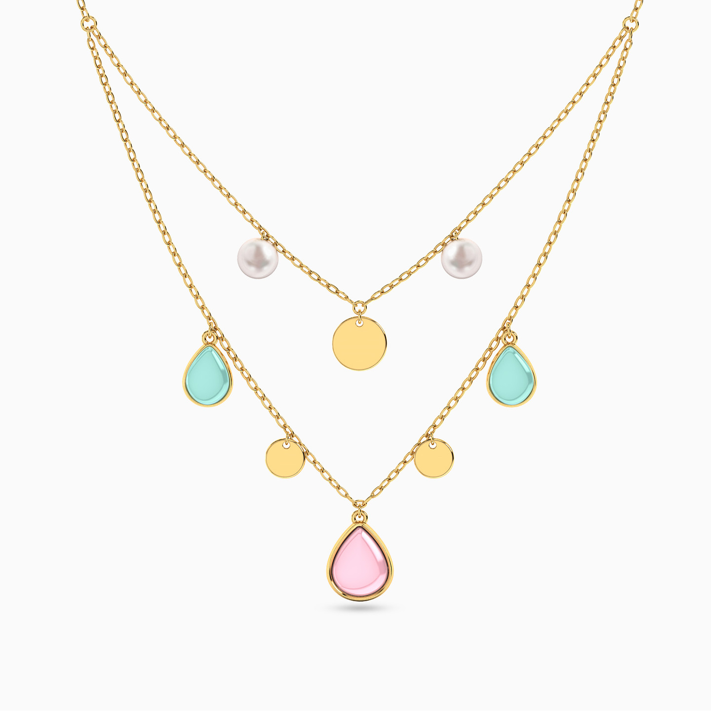 Pear Pearls & Colored Stones Layered Necklace in 18K Gold Pear Pearls & Colored Stones Layered Necklace in 18K Gold