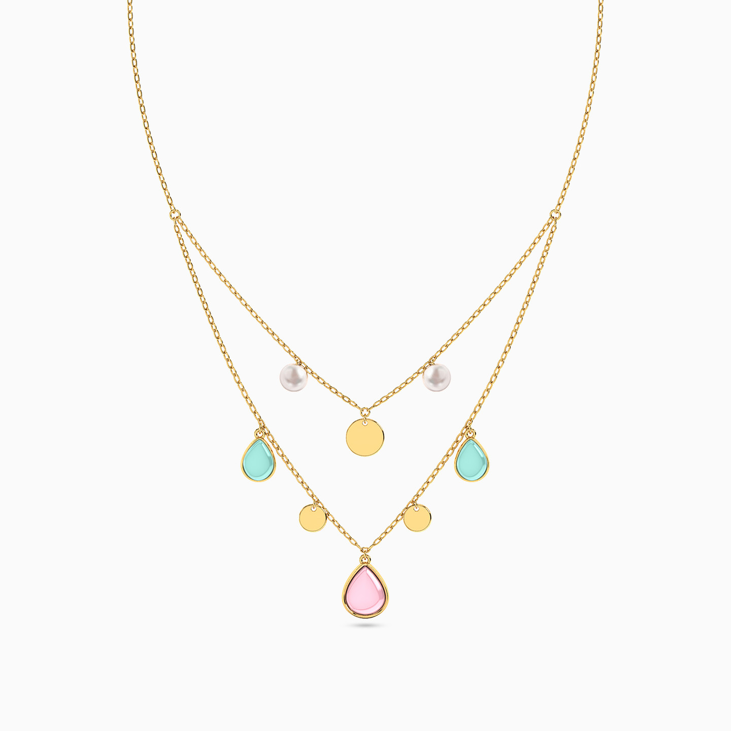 Pear Pearls & Colored Stones Layered Necklace in 18K Gold - 3 Pear Pearls & Colored Stones Layered Necklace in 18K Gold - 3