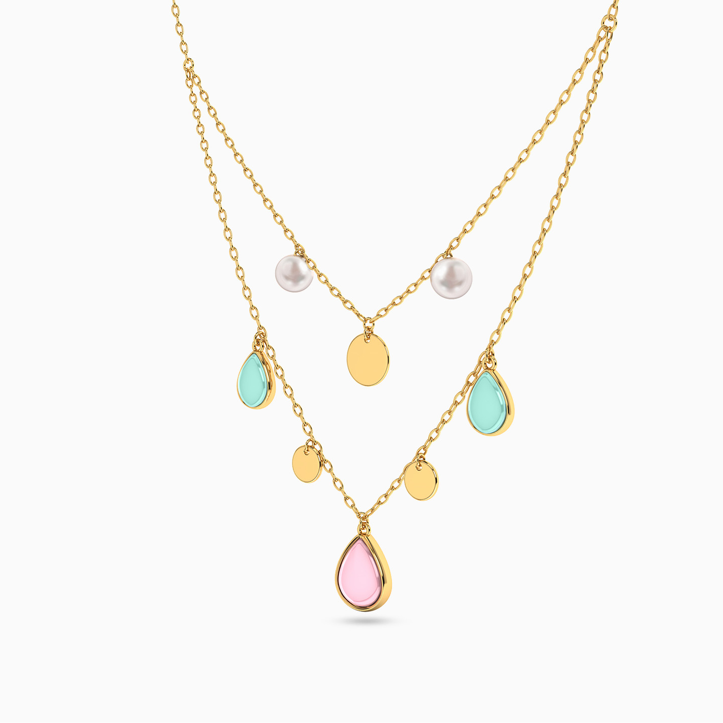 Pear Pearls & Colored Stones Layered Necklace in 18K Gold - 2 Pear Pearls & Colored Stones Layered Necklace in 18K Gold - 2