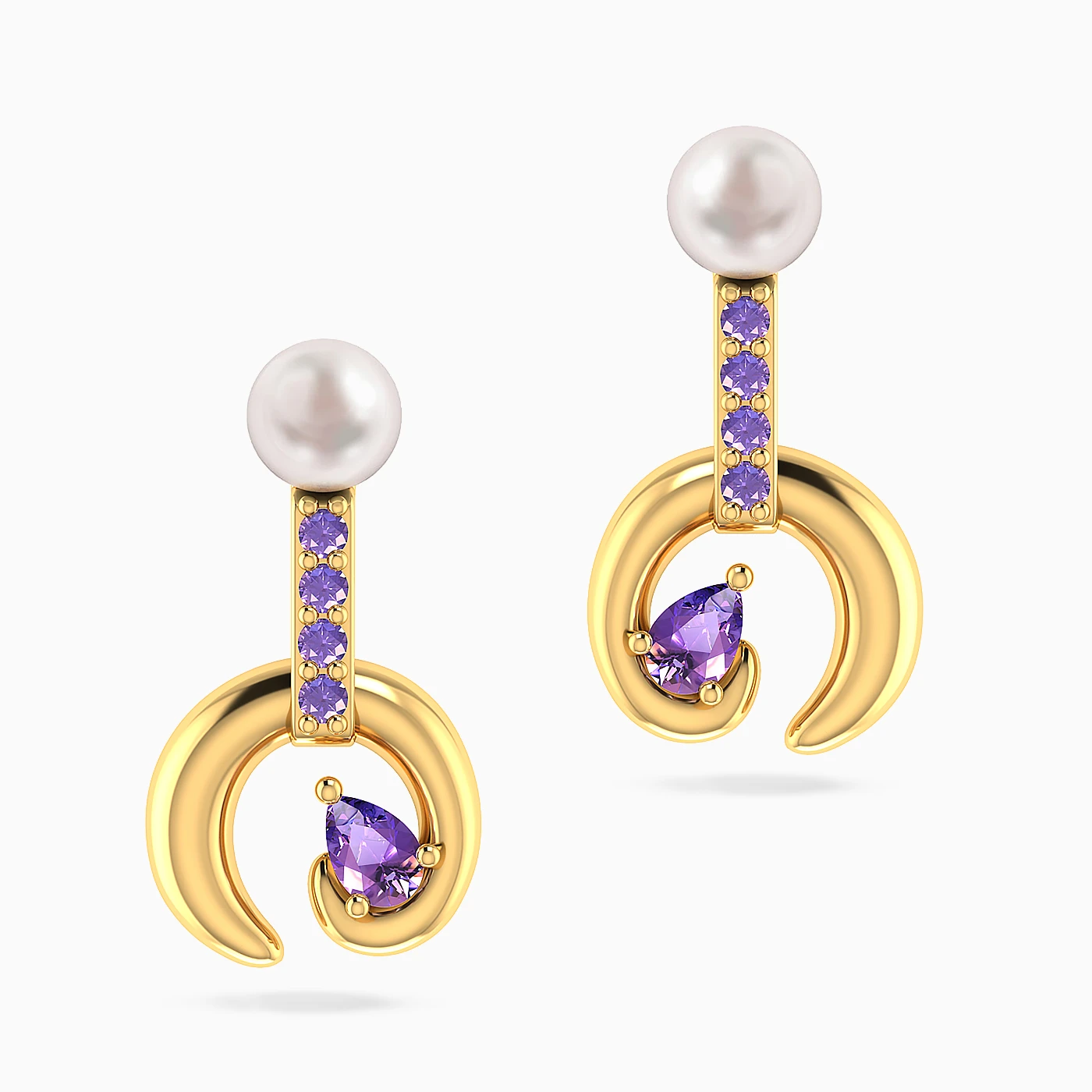 Swirl Purple Stones & Pearl Drop Earrings in 18K Gold - 3 Swirl Purple Stones & Pearl Drop Earrings in 18K Gold - 3