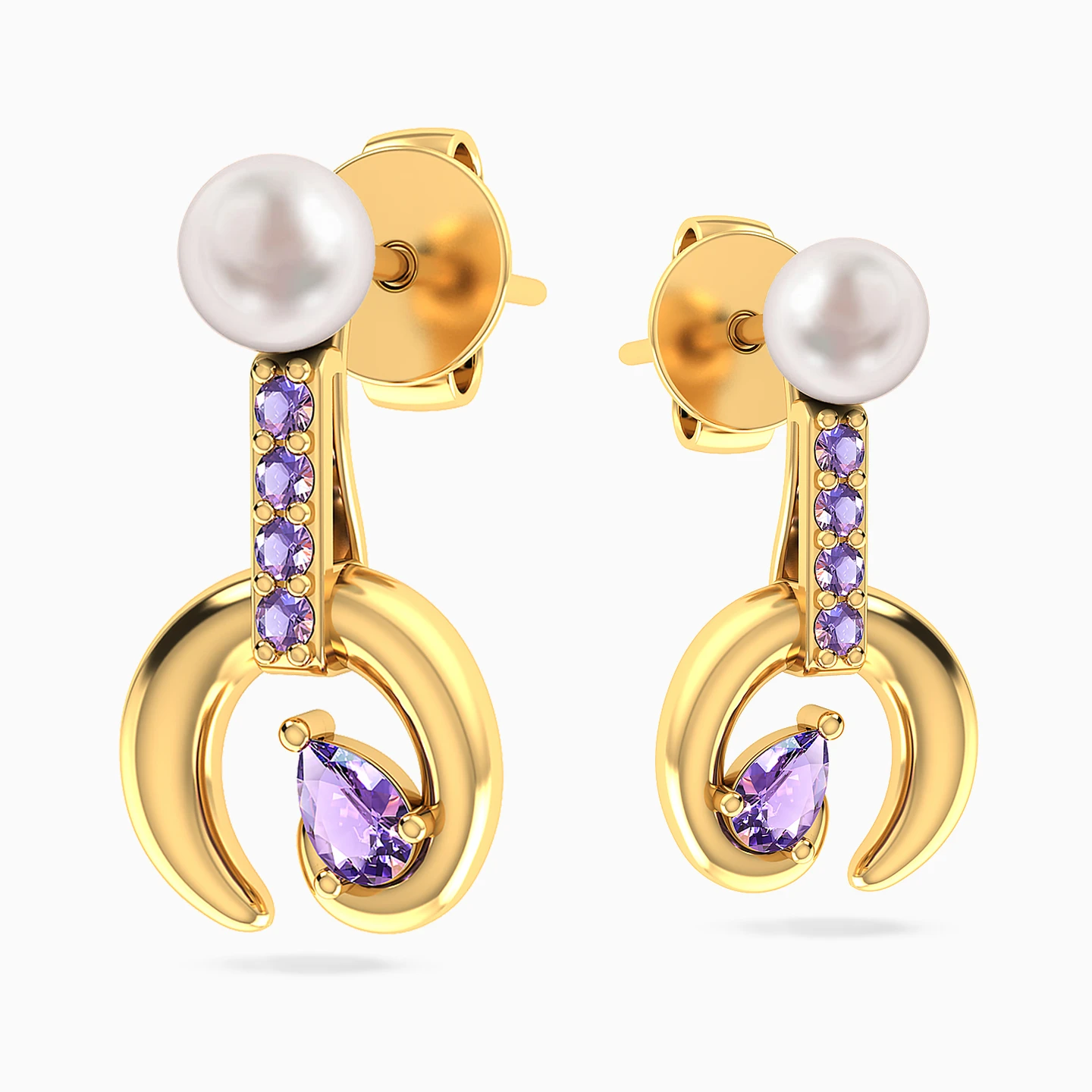 Swirl Purple Stones & Pearl Drop Earrings in 18K Gold - 4 Swirl Purple Stones & Pearl Drop Earrings in 18K Gold - 4