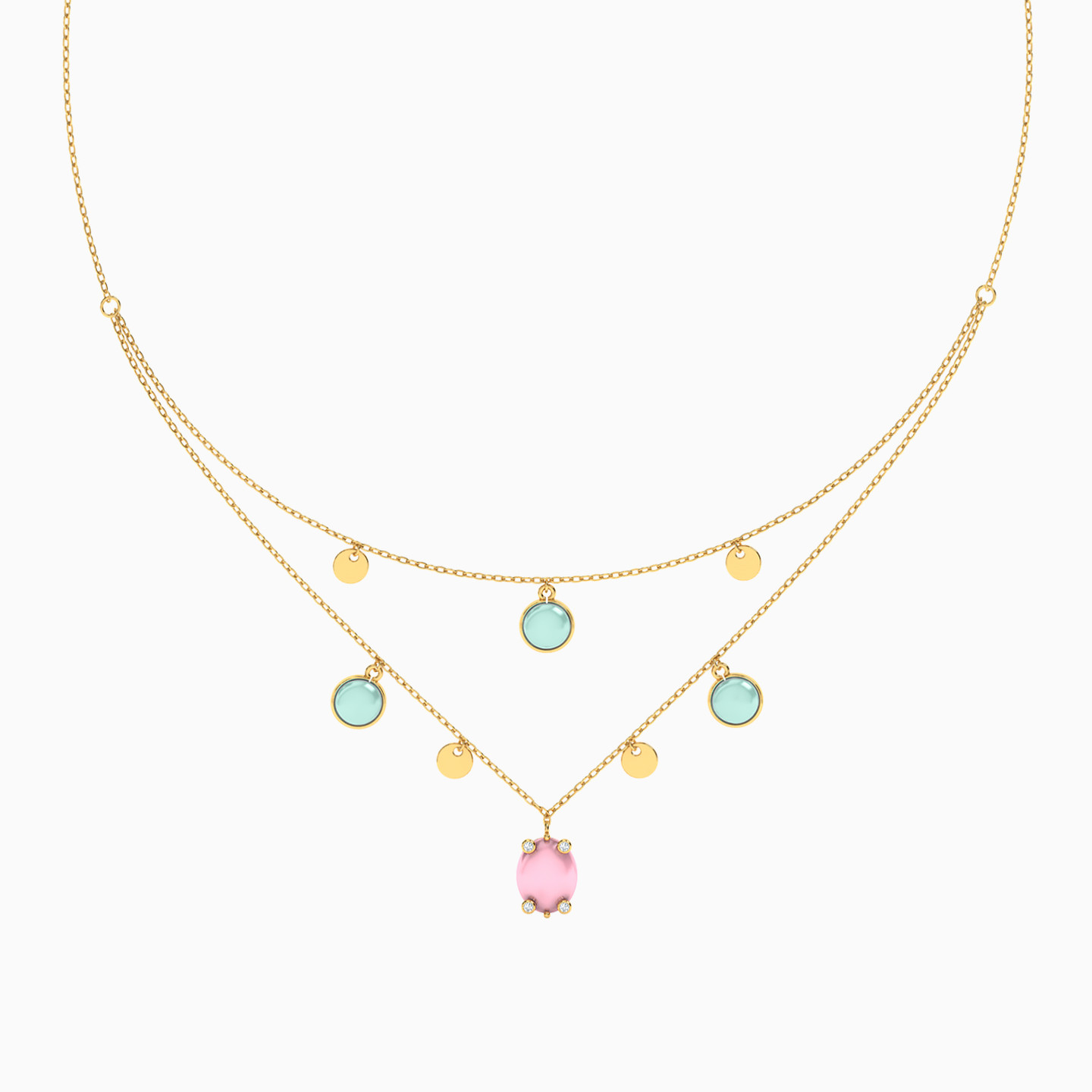 Oval Colored Stones Layered Necklace in 18K Gold - 3 Oval Colored Stones Layered Necklace in 18K Gold - 3