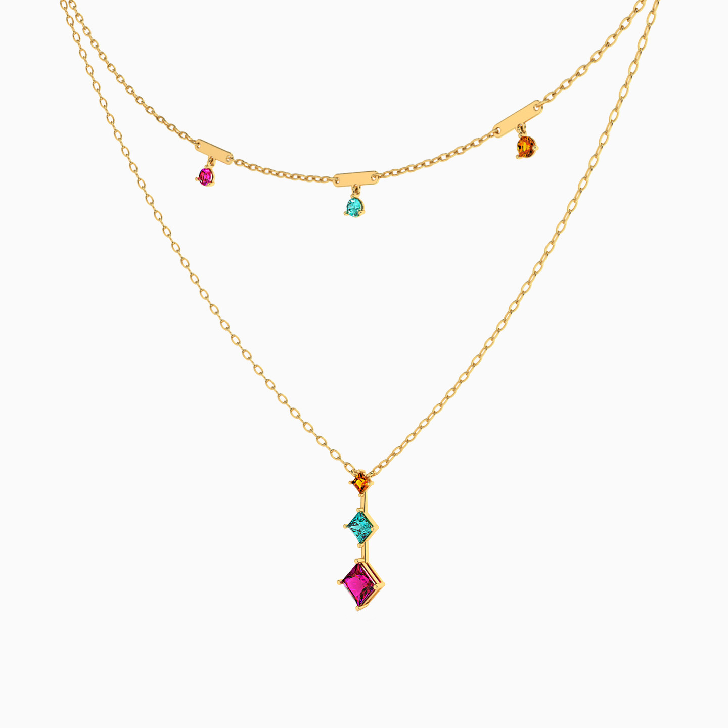 18K Gold Colored Stones Layered Necklace - 2