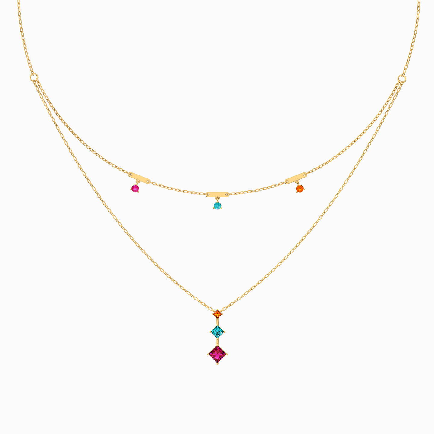 18K Gold Colored Stones Layered Necklace - 3