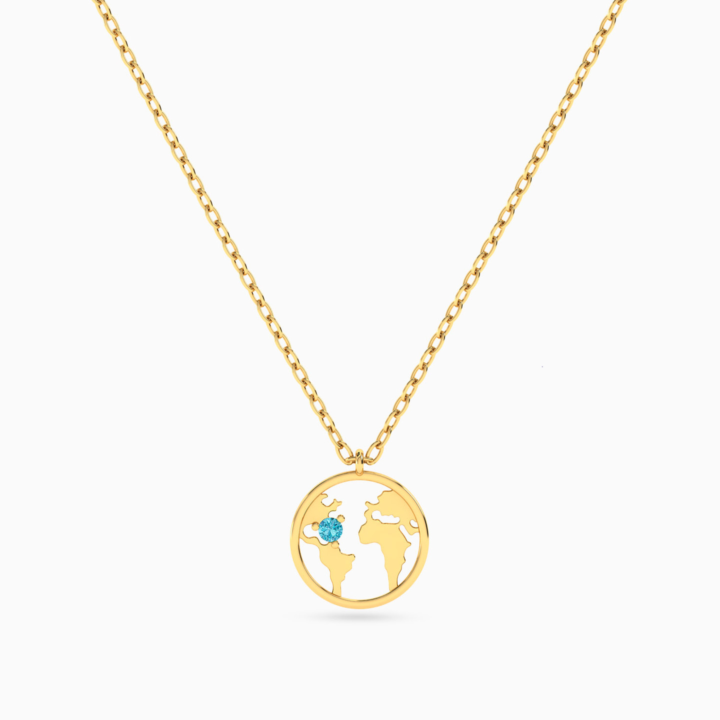 World Map Green Stones Necklace In 14K Gold