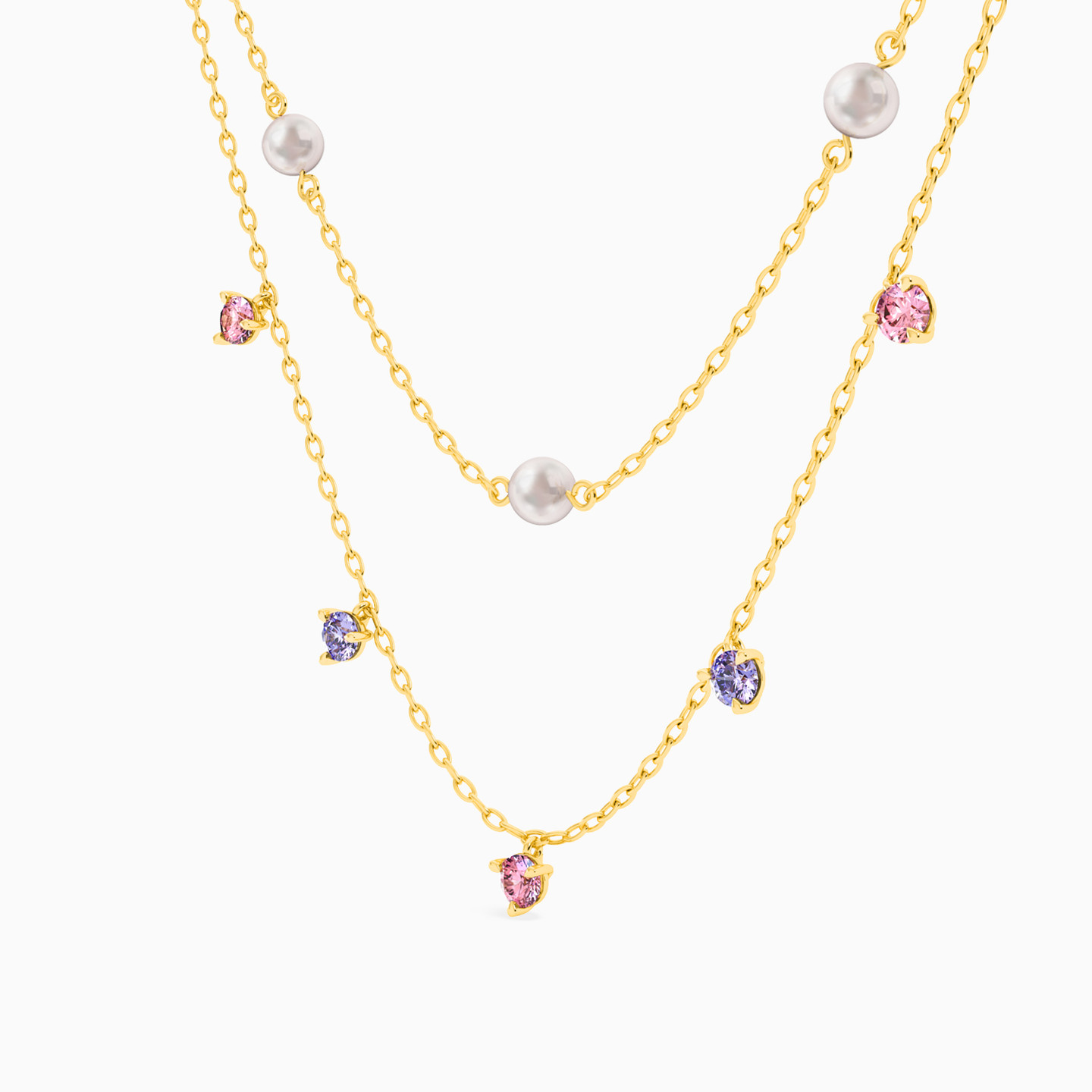 Round Colored Stones Layered Necklace in 18K Gold - 2 Round Colored Stones Layered Necklace in 18K Gold - 2