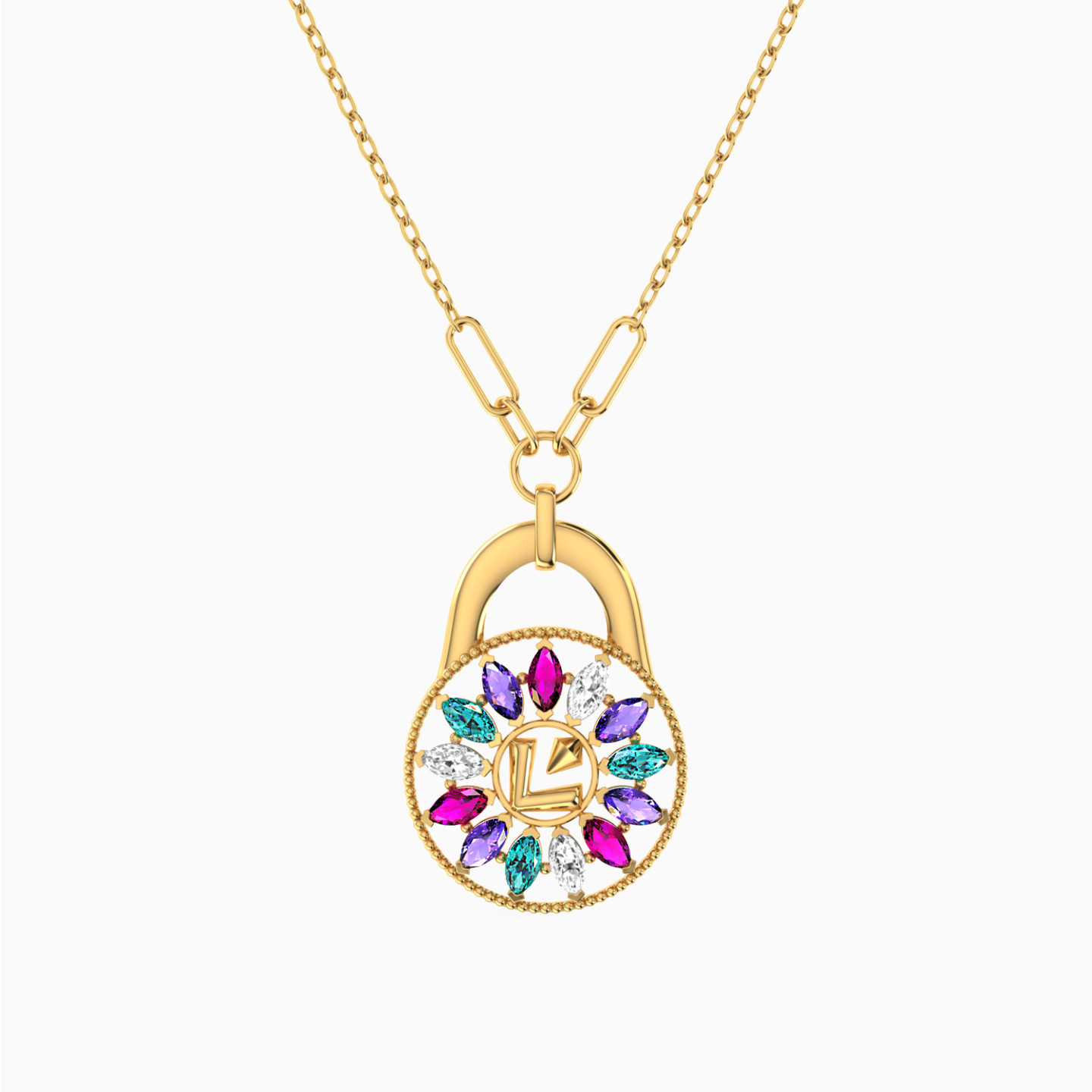 18K Gold Colored Stones Pendant Necklace