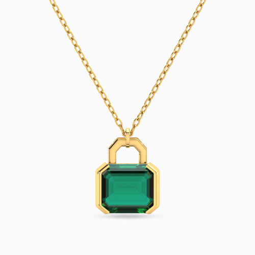 LIN847 - Lock Green Stones Necklace in 14K Gold - 102051100102451-1.jpg