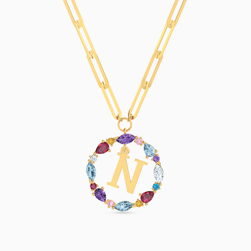 LIN626 - Letter N Colored Stones Necklace in 18K Gold - 112051101802451-1.jpg