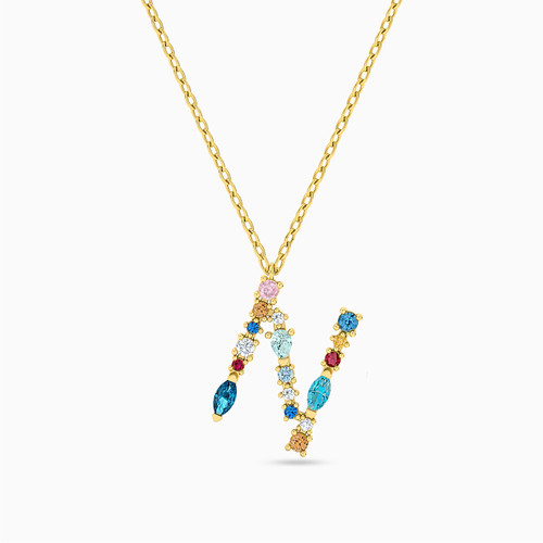 LIN178 - Letter N Colored Stones Necklace in 18K Gold - 112051100062451-1.jpg